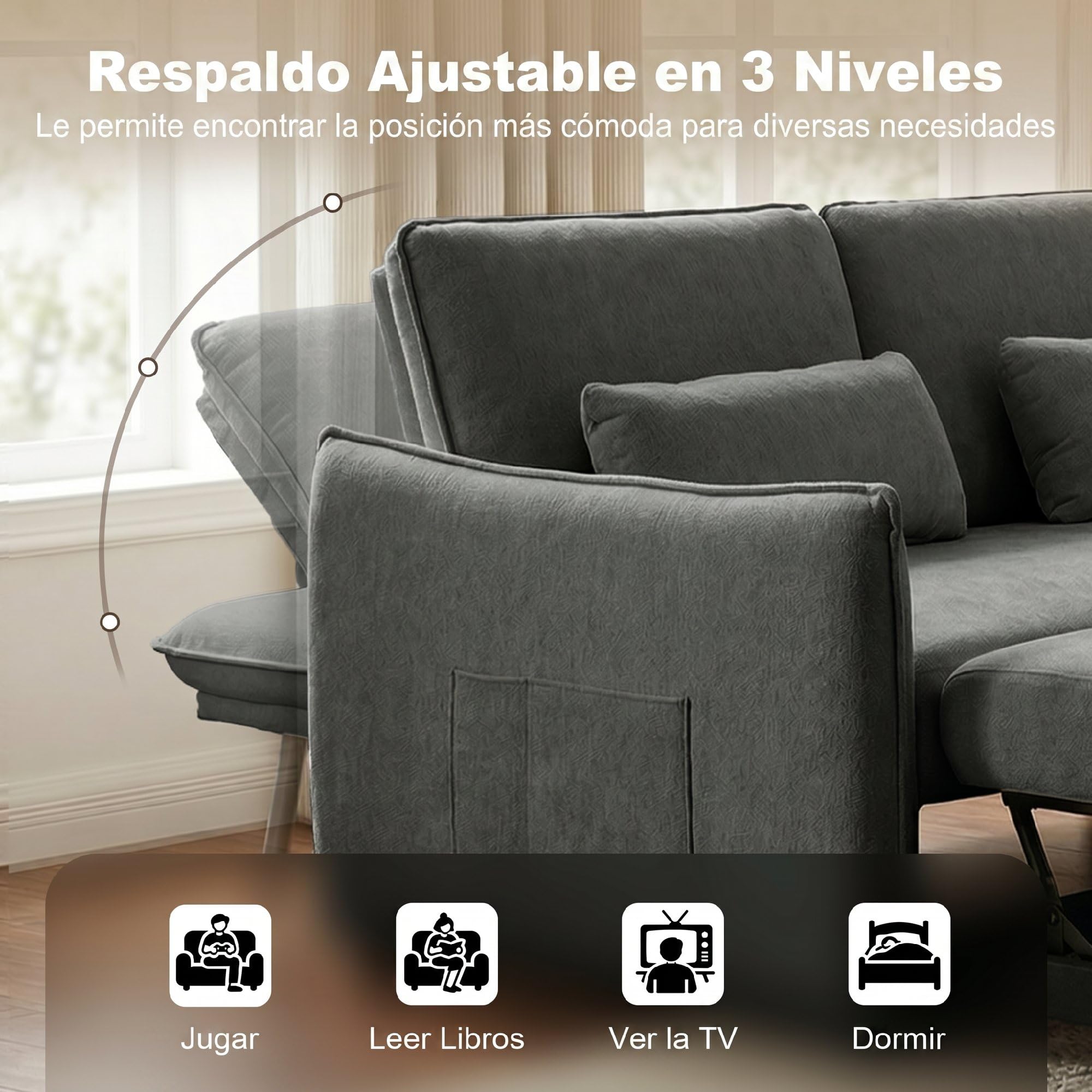 HOMCOM Sofá Cama 2 Plazas 3 en 1, Sofá Cama de Chenilla con Mesa Auxiliar, Portavasos, Respaldo Ajustable, Bolsillos Laterales, 2 Almohadas para Sala de Estar, Espacios Pequeños, Gris Oscuro