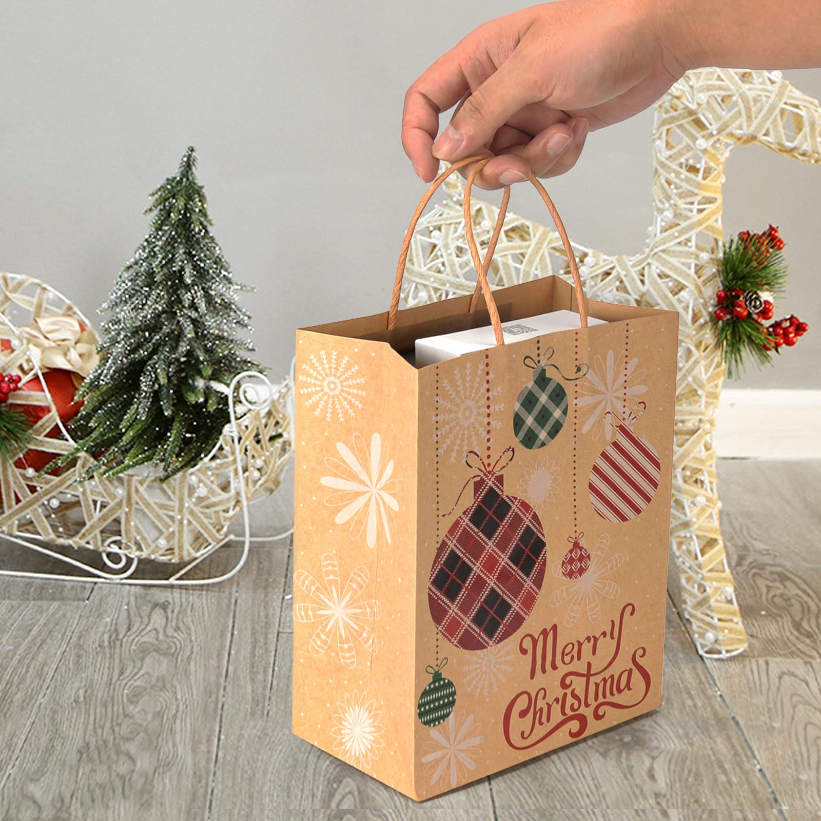 12 Sacchetti Regalo Natalizi In Carta Kraft – 18x23x8 Cm – Stile Scandinavo Marrone/Bianco
