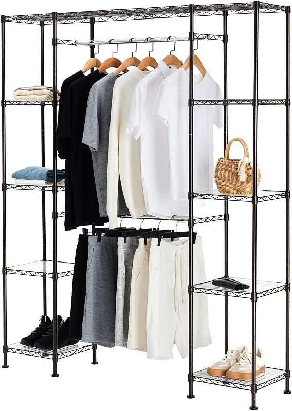 Expandable Metal Hanging Closet Organizer and Storage Rack Wardrobe with Shelves, 57-80''L x 14''W x 72''H, Bronze