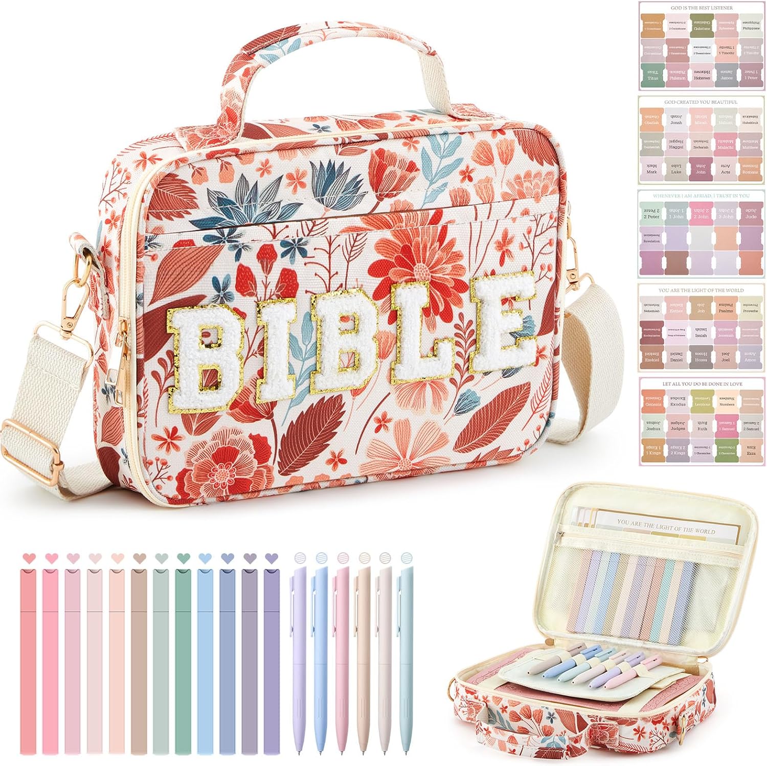 Sinload 10.2 x 7.9 x 2.2 Inch Chenille Letter Bible Cover for Women with Boho Bible Tabs 6 Colored Gel Pen 12 Highlighters Bible Case with Shoulder Strap for Study Bible Tote Bag Christian Gifts