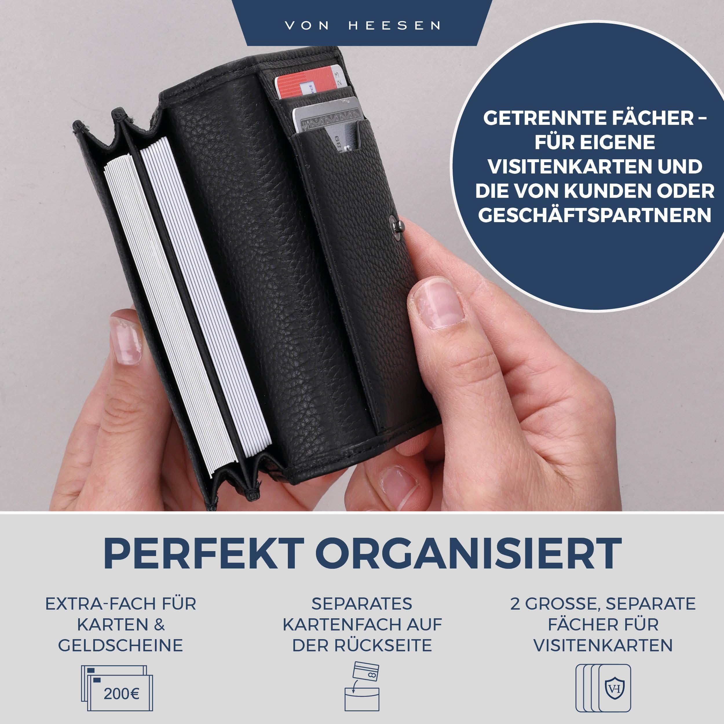 VON HEESEN® Visitenkartenetui Leder mit RFID-Schutz - Platz für 50 Visitenkarten - 6 Fächer - Visitenkarten Etuis - Geschenk für Damen & Herren (Schwarz)