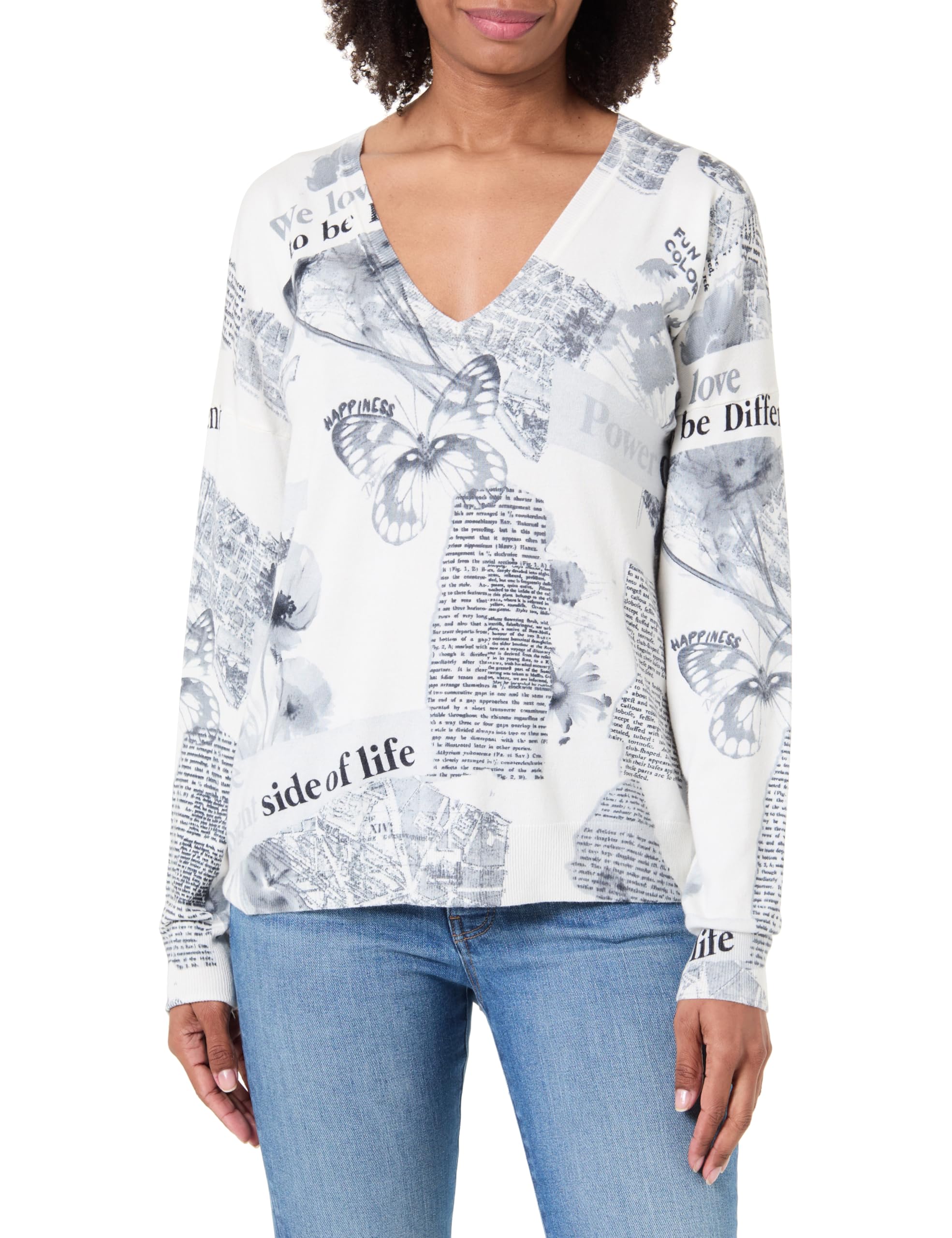 Desigual Women's Woman Flat Knit Thin Gauge Pullover Sweater, White, XL
