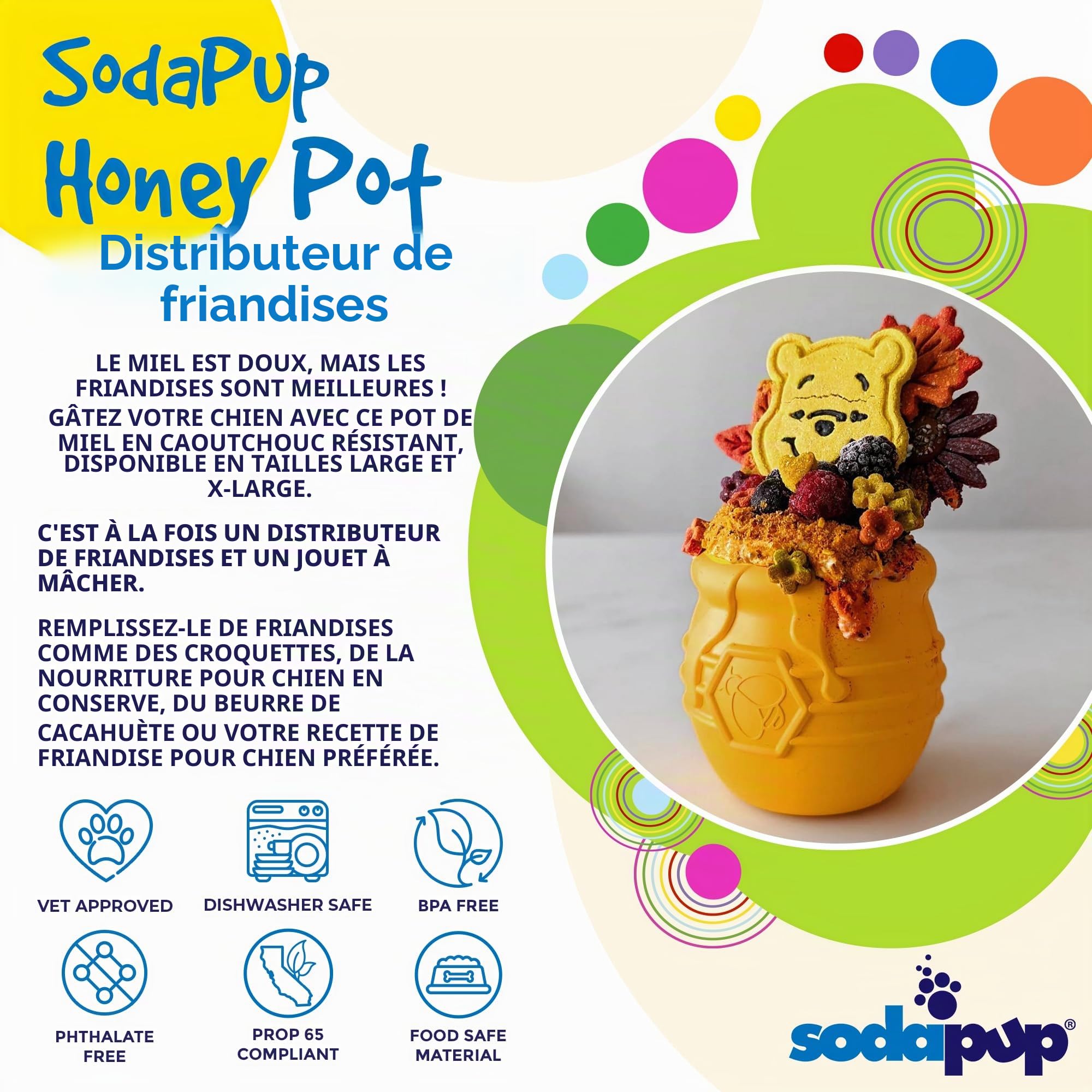 SodaPup Honey Pot – Distributeur de friandises pour chien durable et jouet d'enrichissement fabriqué aux États-Unis à partir de matériau en caoutchouc naturel non toxique, sans danger pour les animaux