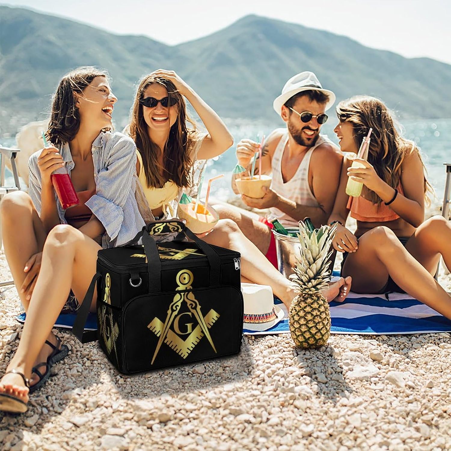 Freemasonry Masonic Lodge Symbol Cooler Bag, Collapsible Soft Sided Cooler, Large Leakproof Camping Cooler, Portable Travel Cooler for Camping, Road Trips