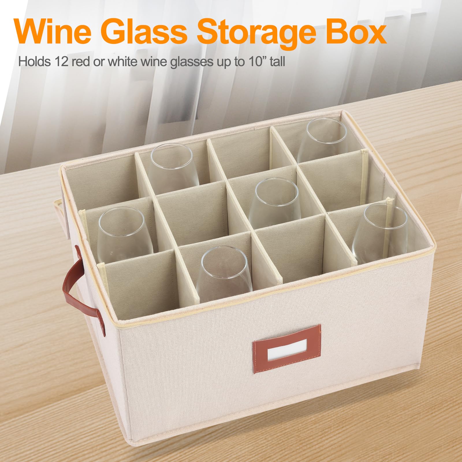 Daomaa Stemware Storage Containers 2 Pack, Wine Glass Storage Box with Dividers for Glassware or Champagne Flutes, Protects Fine China, Hard Top, Sides and Stackable (Beige)