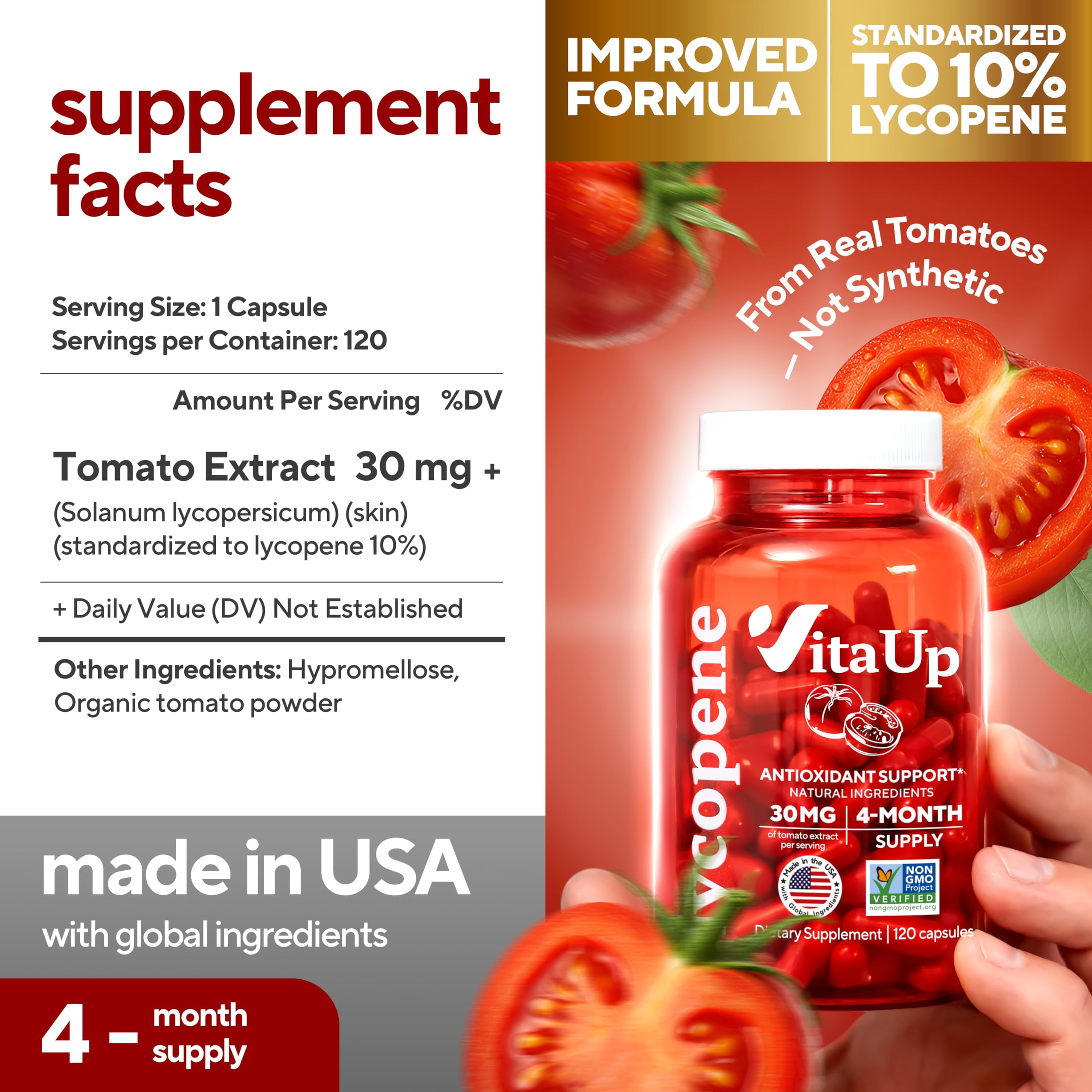 VitaUp Lycopene Supplements for Men – USA Made 30 mg of Tomato Extract – Prostate Supplements for Men – Non-GMO Lycopene Supplement for Normal Prostate, Skin & Antioxidant Support – 120 Count — Amazon image 2