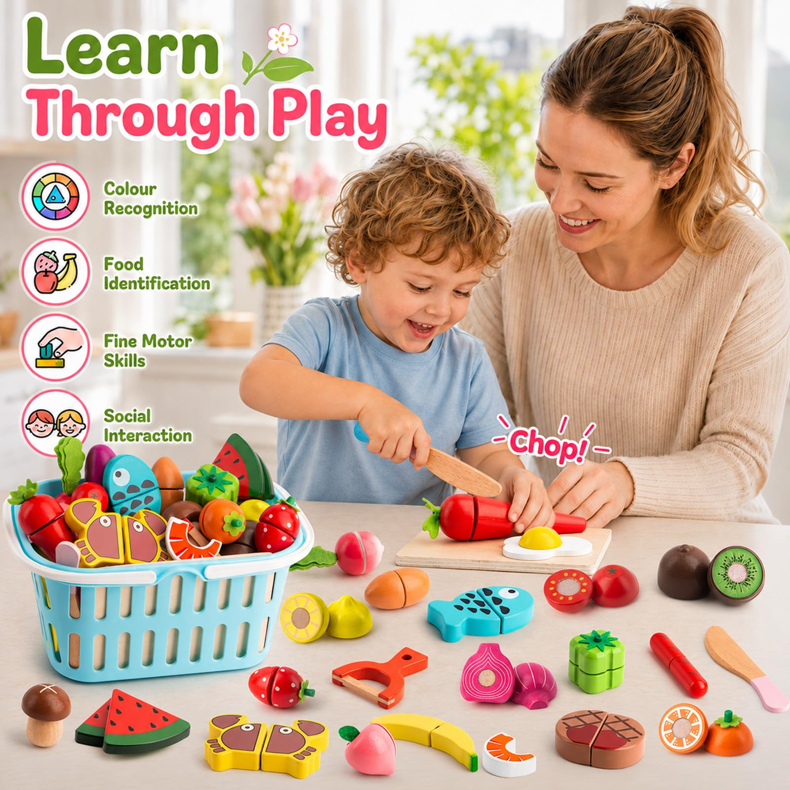 BunnyJOY Dinette Bois Accessoires Cuisine Enfant 2 3 Ans, Fruits et Légumes en Bois à Découper  26 Pièces, Jeu Éducatifs D’Imitation, Jouets Montessori 3 4 5 Ans, Cadeau Filles Garçons