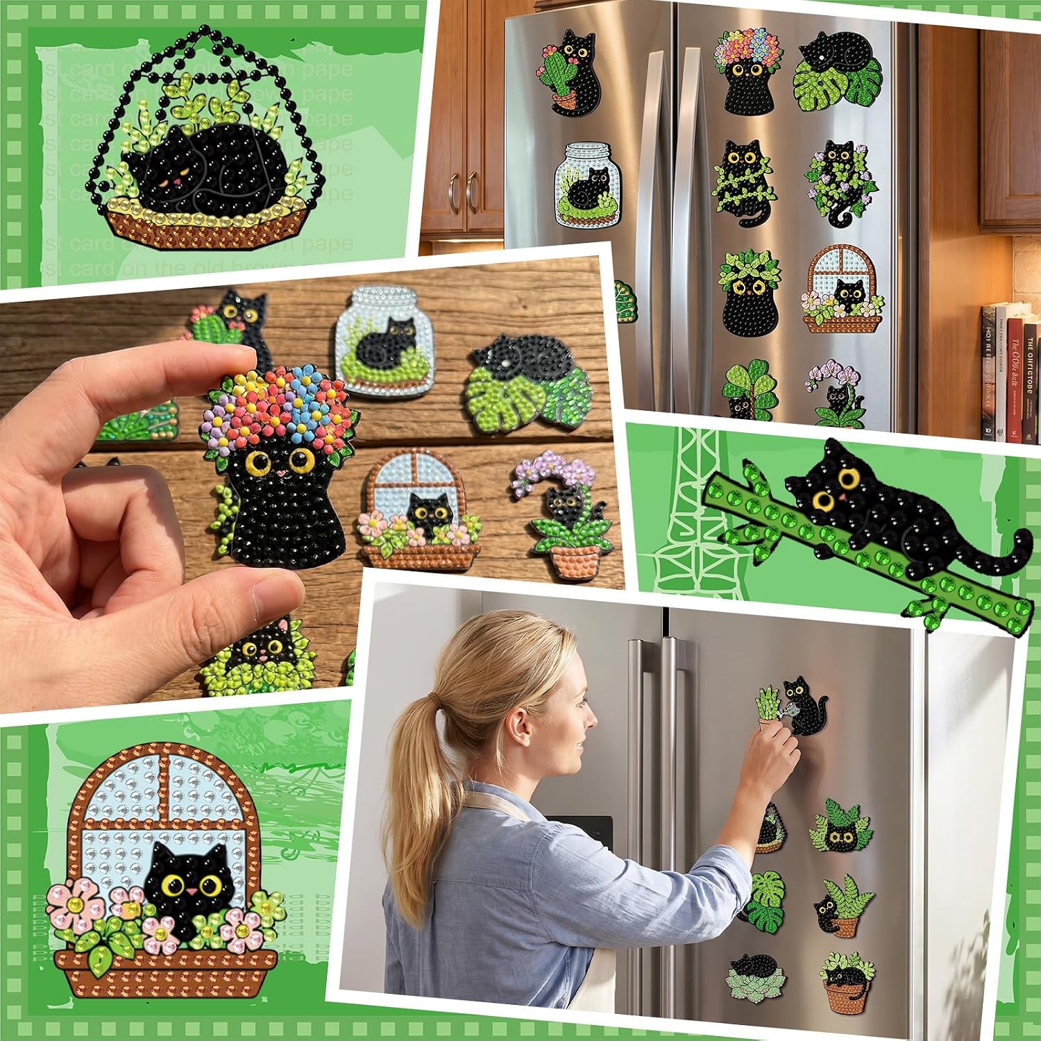 Xuhal 30 Pcs Green Plant Cat Diamond Painting Black Cat Diamond Art Kits for Adults 5D Rhinestone Cute Animals Refrigerator Sticker for Fridge DIY Crafts Beginner Animal Lovers Gifts