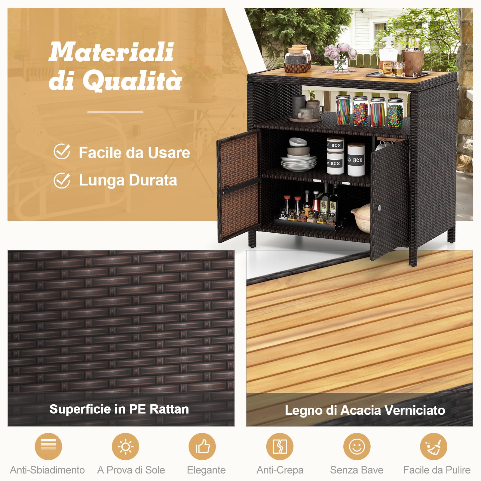 COSTWAY Armadietto Portaoggetti in Rattan, Mobile Buffet per Esterni in Legno di Acacia, Con Compartimento Aperto e Armadio Chiuso a 2 Ante, per Piscina, Terrazza e Patio, 90 x 53 x 86 cm (Marrone)