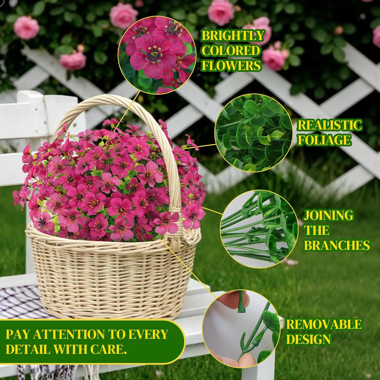 24 Bundles Artificial Flowers for Outdoors, UV Resistant Fake Flower Bulk, Outdoor Artificial Flowers & Plastic Plants for Hanging Garden Porch Patio, Spring Flores Artificiales Decoration