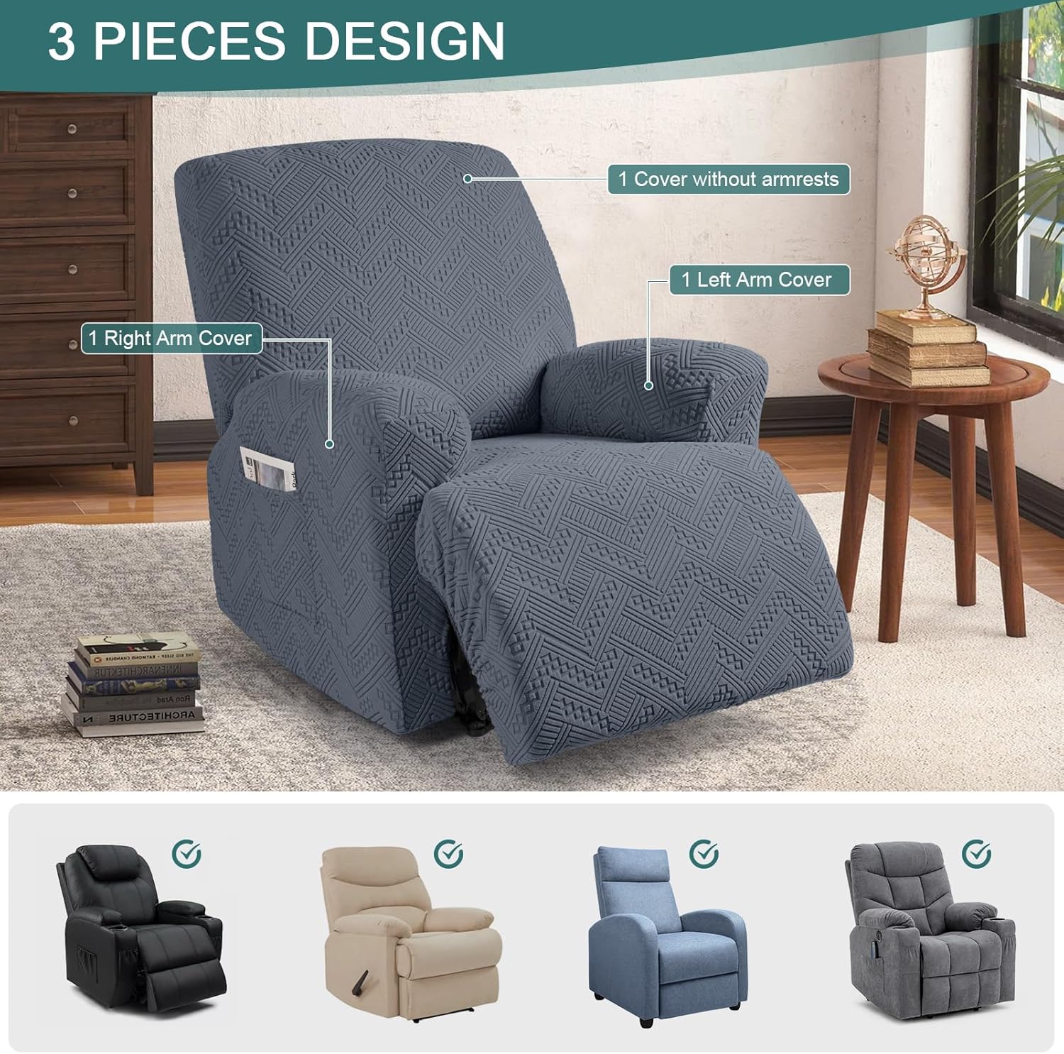 Ruaozz Recliner Sofa Covers Recliner Chair Covers Recliner Covers for Reclining Chair with Pockets Washable Furniture Protector with Elastic Bottom (1 Seater, Grey)