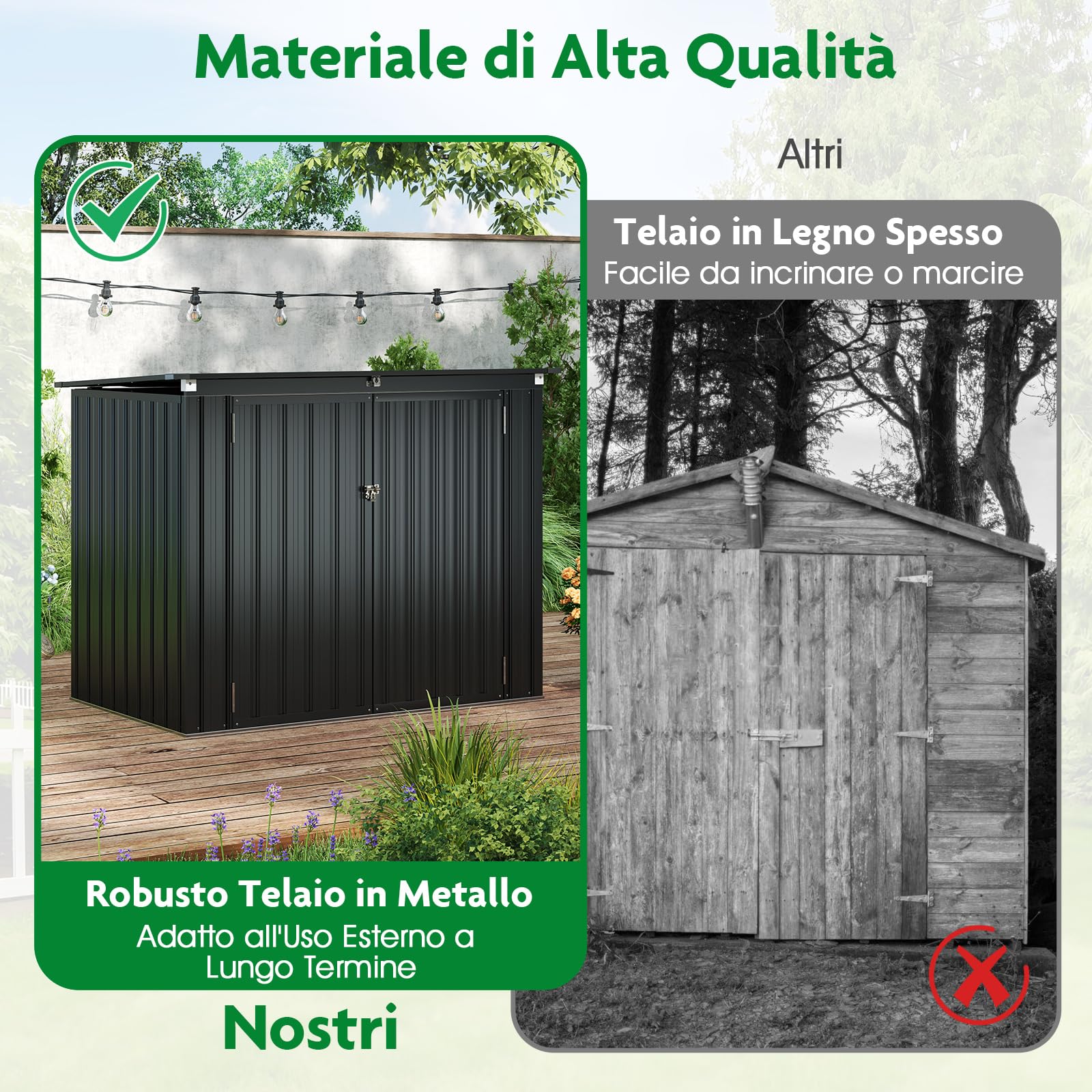 COSTWAY Casetta per Spazzatura Esterna 1,51㎡, Capanno da Giardino Bloccabile in Metallo Zincato Resistente alle Intemperie con Doppie Aperture e 2 Porte, Ripostiglio per Patio (Grigio)
