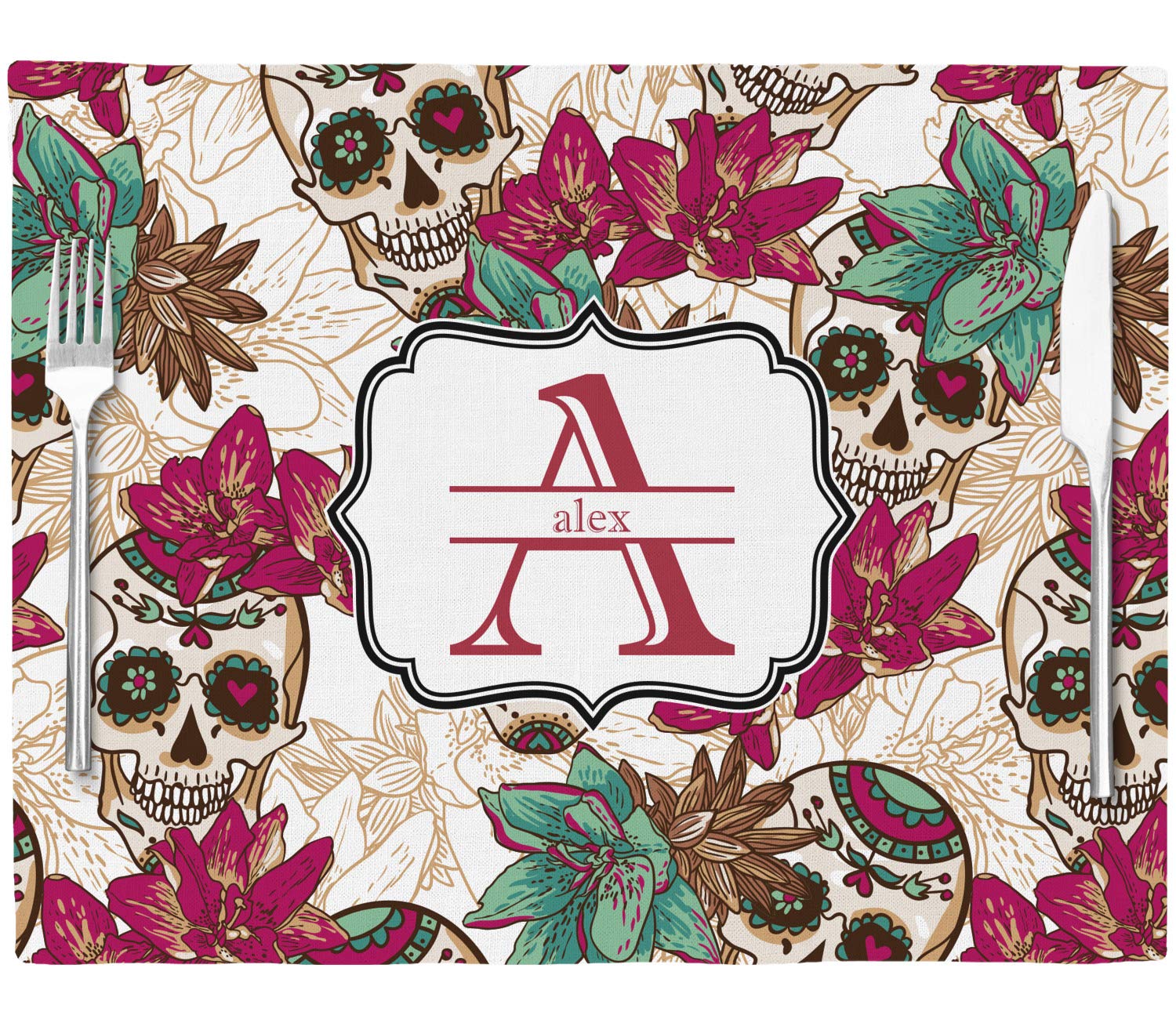 Personalized Sugar Skulls & Flowers Woven Fabric Placemat - Twill w/Name and Initial
