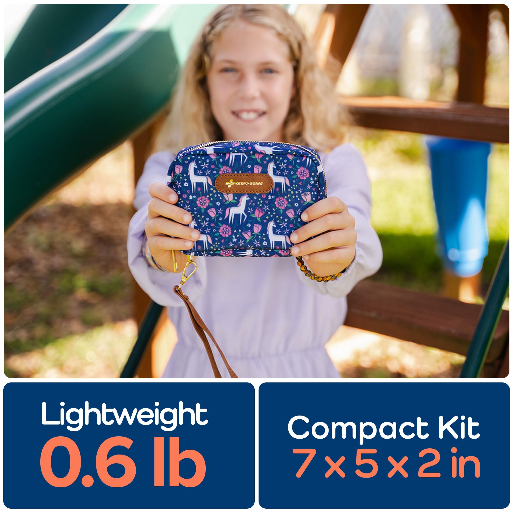 KeepGoing - Kit de primeros auxilios de viaje para niños, 130 unidades, para coche, hogar, bolso, bolsa de pañales y mochila con vendas sin látex, mini kit de primeros auxilios, tamaño de viaje,