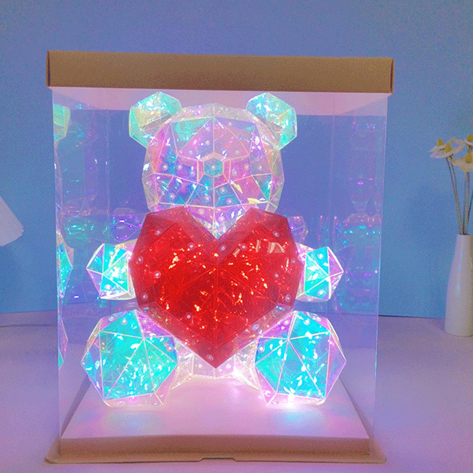 Leuchtbär bunt mit rotem Herz Geburtstagsgeschenke Valentinstag Deko Schlafzimmer Kindergeburtstag