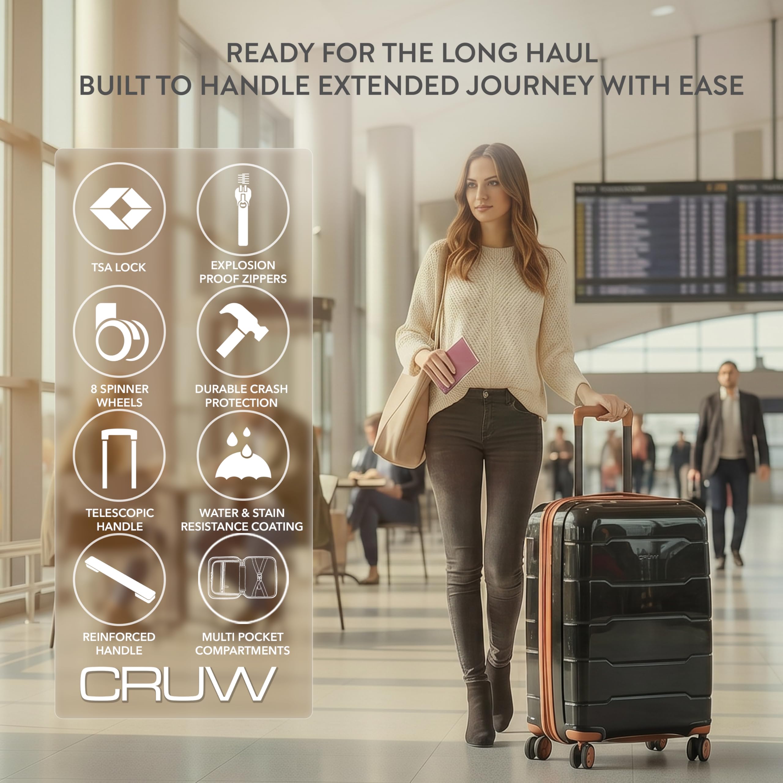 CRUW Medium 24" Checked Luggage 56x45x29cm + Expandable Hold Baggage (64/80 Liters) Polypropylene Suitcase TSA Approved Lock 8 Silent Spinner Wheels Lightweight Suitcases Airline-Approved Travel