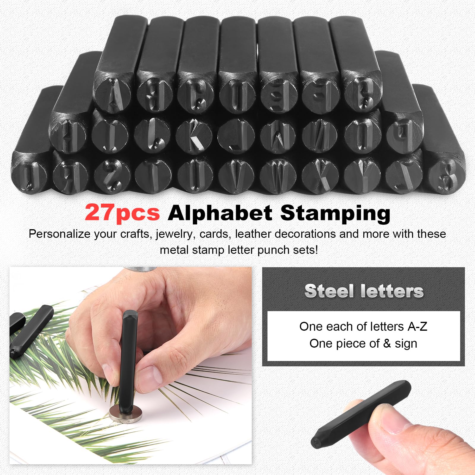 Gueenky 27 Piezas Letras de Perforado, 5 mm, Alfabeto A-Z, Letras Perforadas de Metal, Letras Perforados para Estampar Metal Plástico Madera Cuero