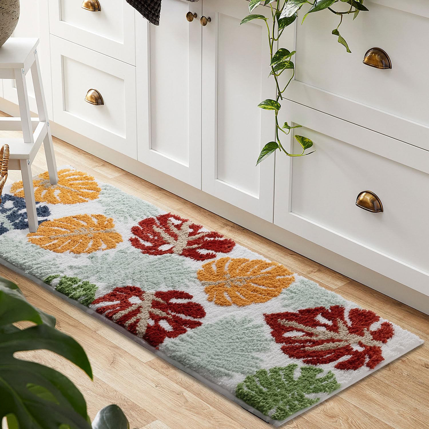 Bathroom Runner Rug Green Leaves Bath Mats, Monstera Leaf Long Bathroom ...
