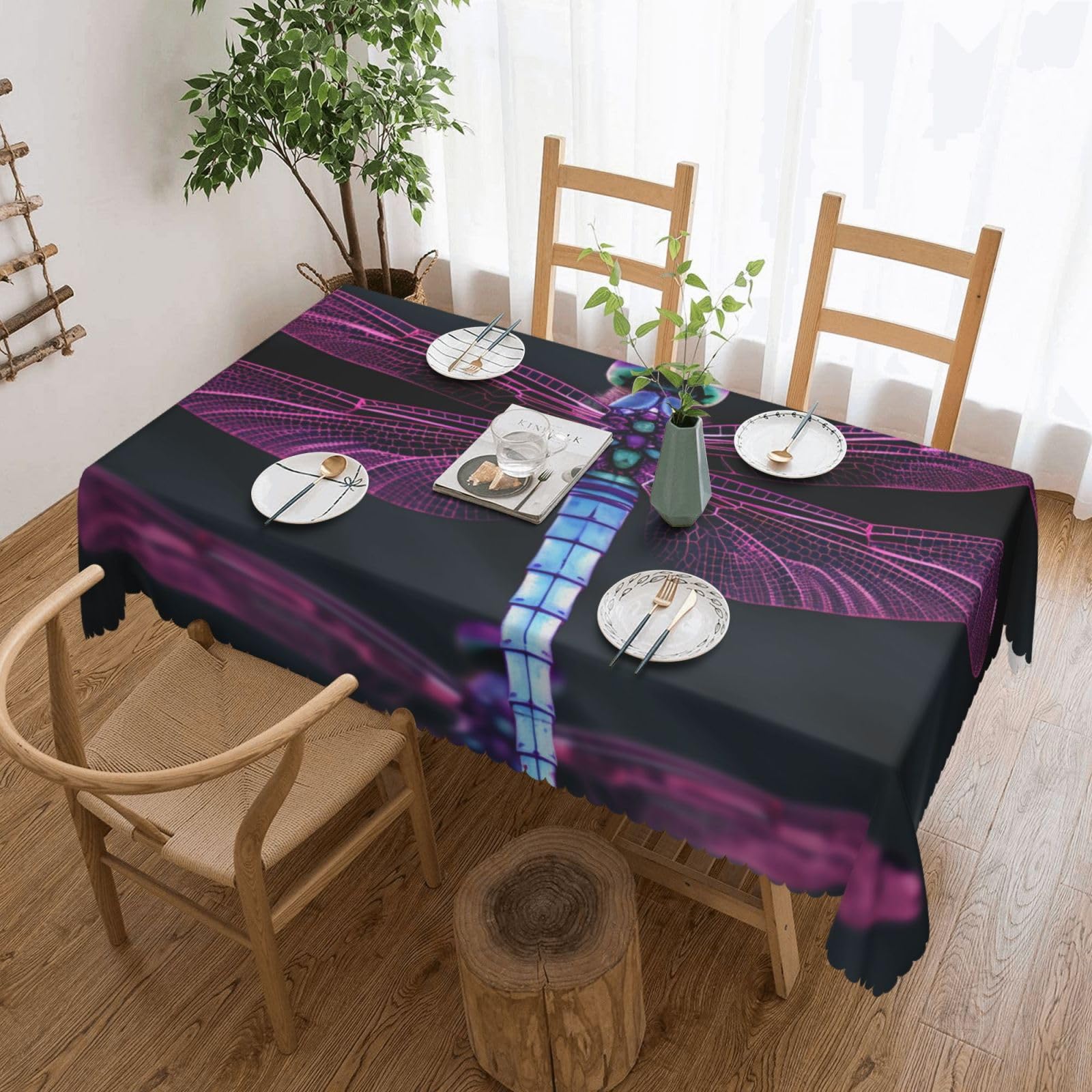 WPKJU Dragonfly Printed Rectangle Tablecloth 72x54 Inch with Lace Trim, Water-Resistant Washable Table Cover for Farmhouse Weddings, Outdoor Picnics & Holiday Dining