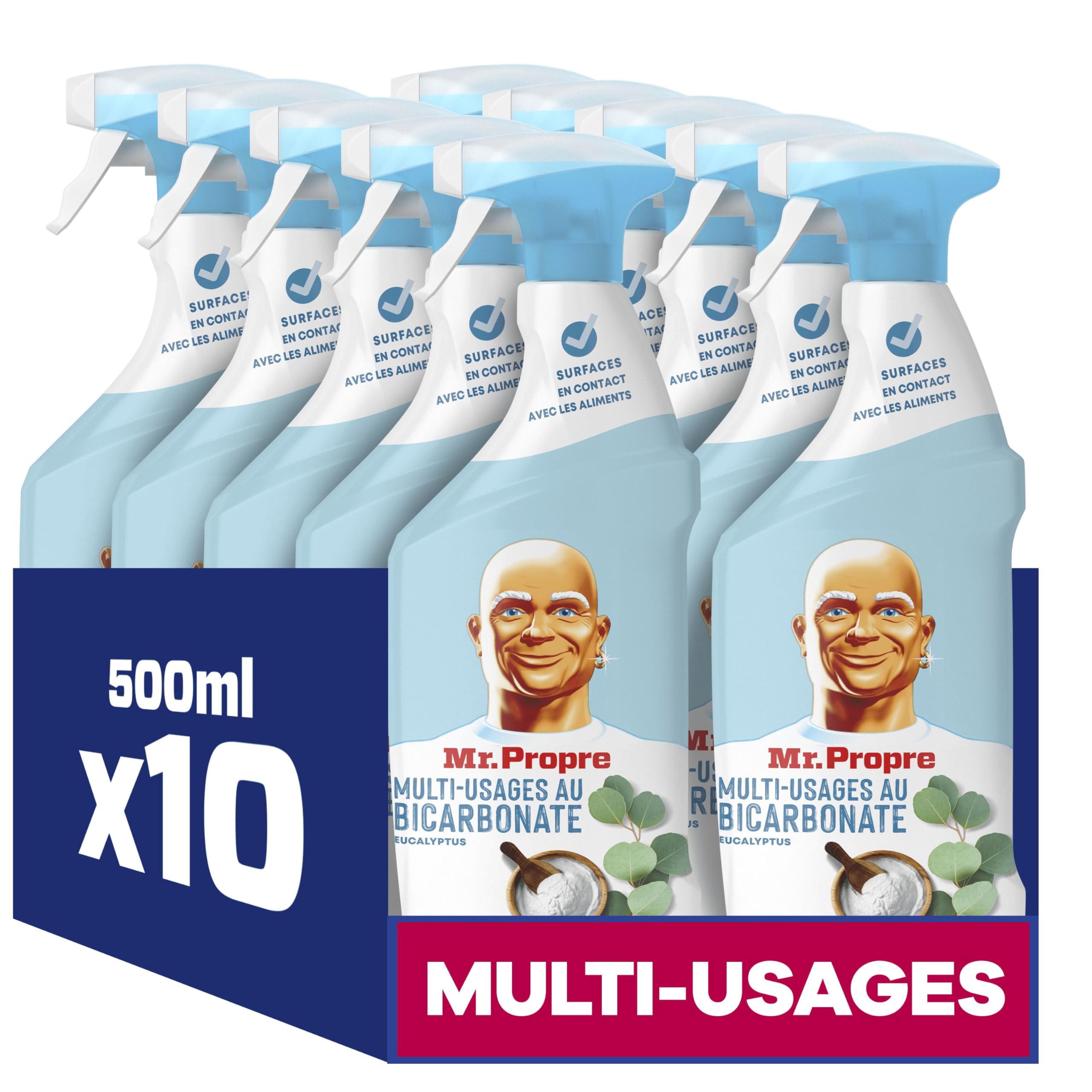 Mr. Propre Spray Nettoyant Multi-Usages, Grand Format (500ml x10), Parfum Eucalyptus avec Bicarbonate de Soude, Élimine 99.9% des Tâches Tenaces, Convient aux Surfaces Alimentaires