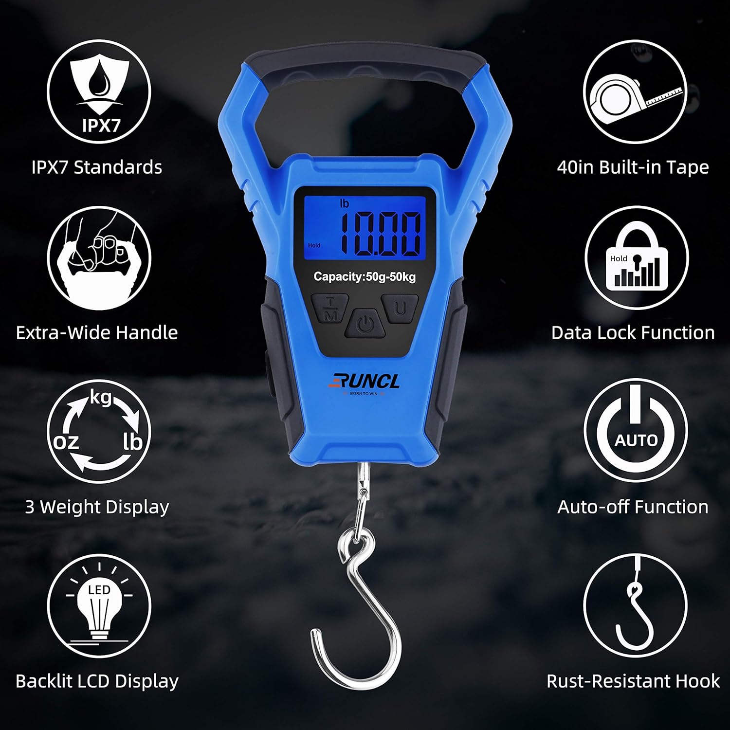 RUNCL Waterproof Fishing Scale with Fish Lip Gripper, Digital Fishing Scale with Ruler, Weight Scale 110lb/50kgs - Backlit LCD Display, Memory Storage & Summation - Hanging Scale (Blue) : Sports & Outdoors