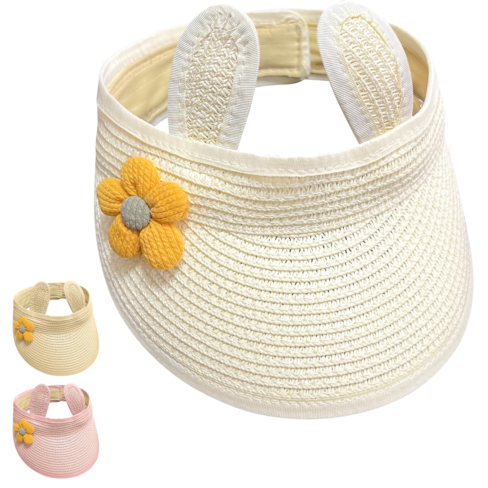 Yaopelky Bebé Niñas Enrollar Paja Sombrero Infantil Lindo Flor Abrir Visera Sombrero Verano Playa Protección Solar Gorra Ajustable para 6M-2Y