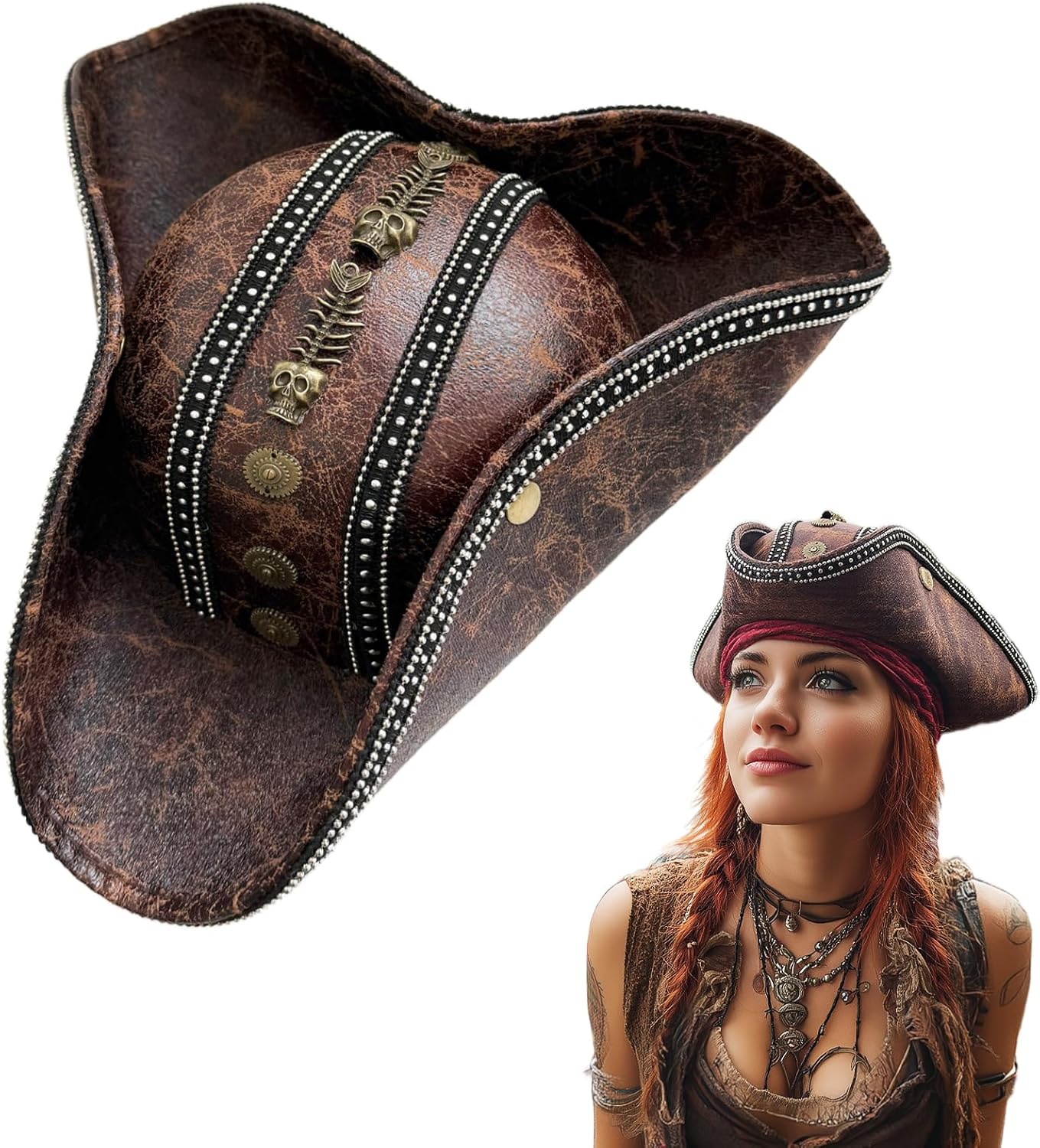 Pirate Hat, PU Tricorn Hat for Men and Women Vintage Pirate Costume Cosplay Accessories for Halloween Theme Parties