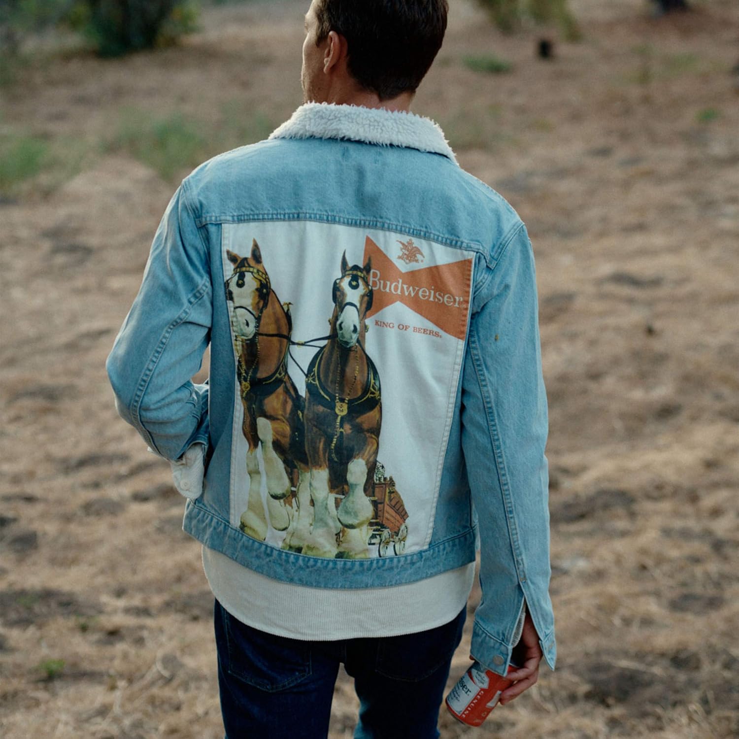 RETRO BRAND Budweiser Anheuser-Busch Sherpa Trucker Jacket with Clydesdale Print