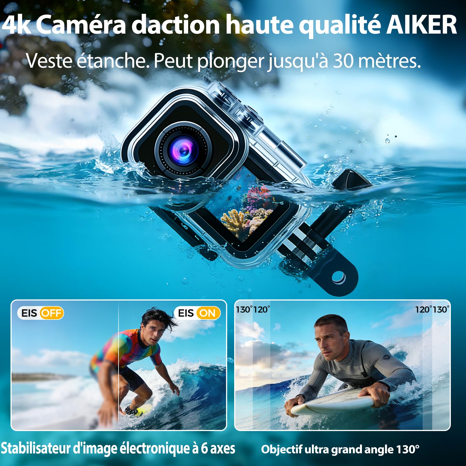 AIKER Caméra Sport 4k 60fps,Version Améliorée Camera Action WiFi 130°,Double Écran Camera Moto Étanche Jusqu'À 30m avec Stabilisation,Qualité d'image Ultra HD avec Accessoires Multifonctions