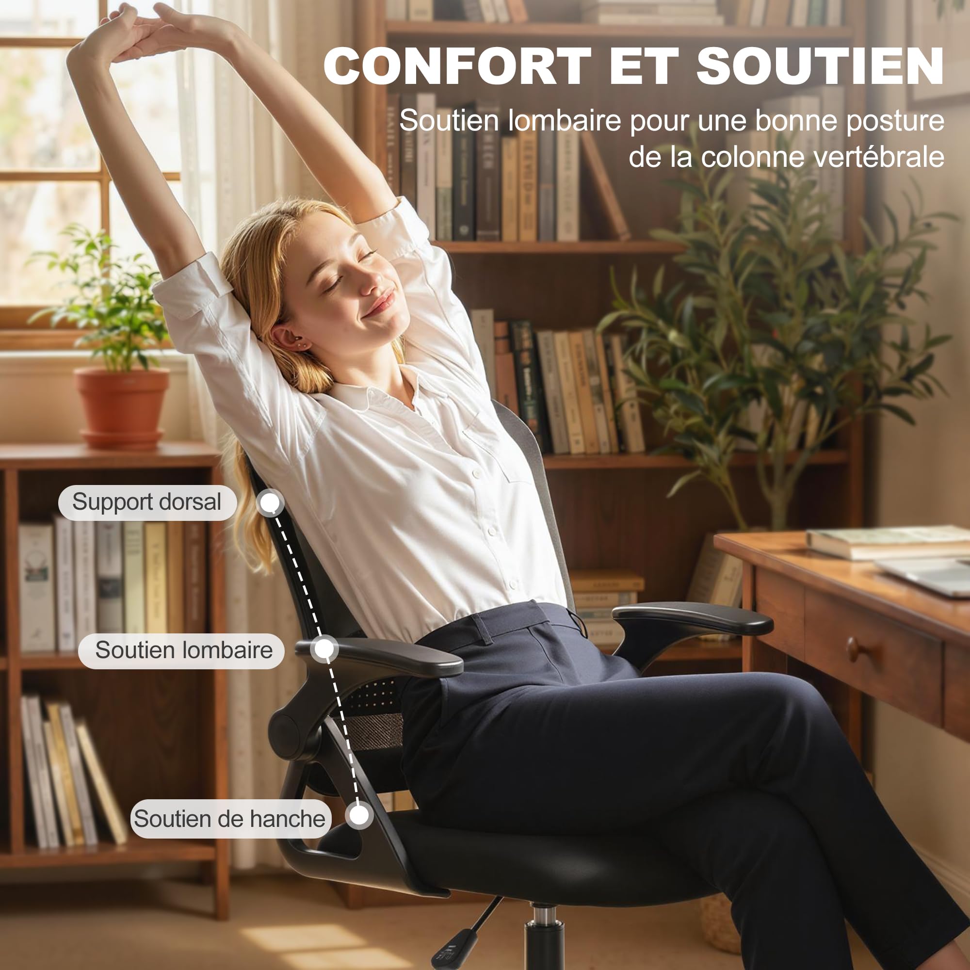 HOMCOM Chaise Bureau Ergonomique Haute, Accoudoirs Rabattables, Noir