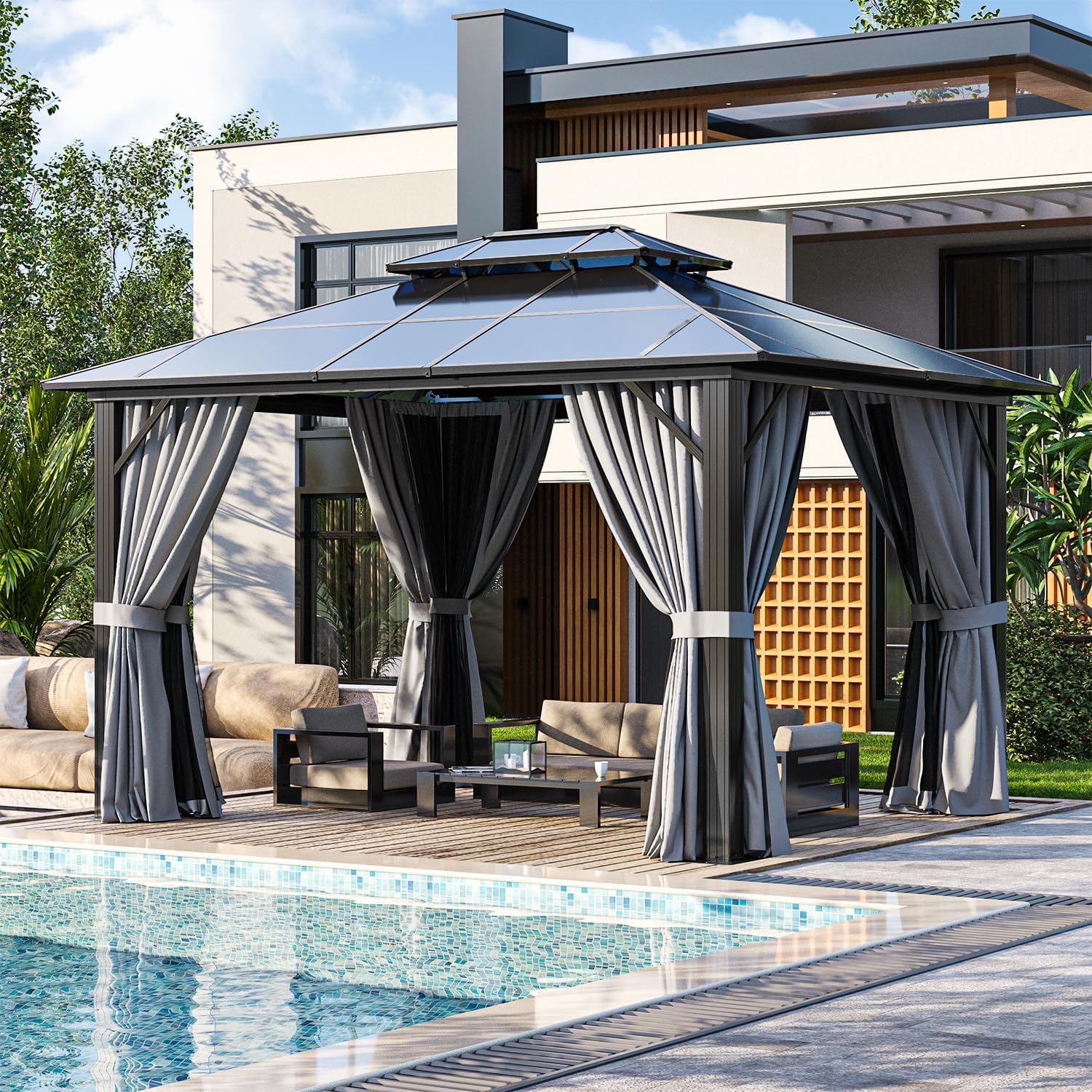 12'x20' Hardtop Gazebo, Outdoor Polycarbonate Double Top Canopy, Aluminum Frame Permanent Pavilion with Netting and Curtains, Sunshade for Patio, Garden, Lawns