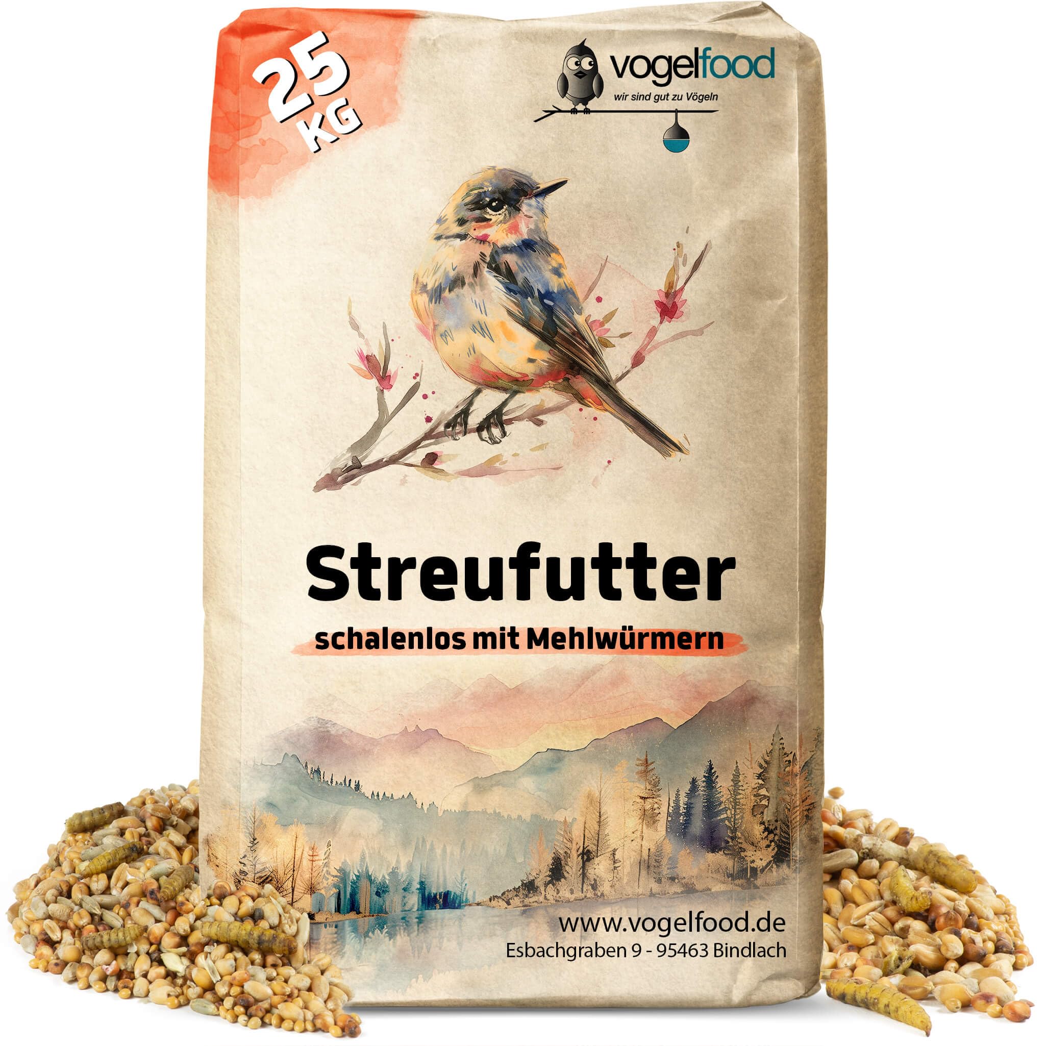 Vogelfood 25 kg Streufutter ohne Schalen mit Mehlwürmern für Wildvögel