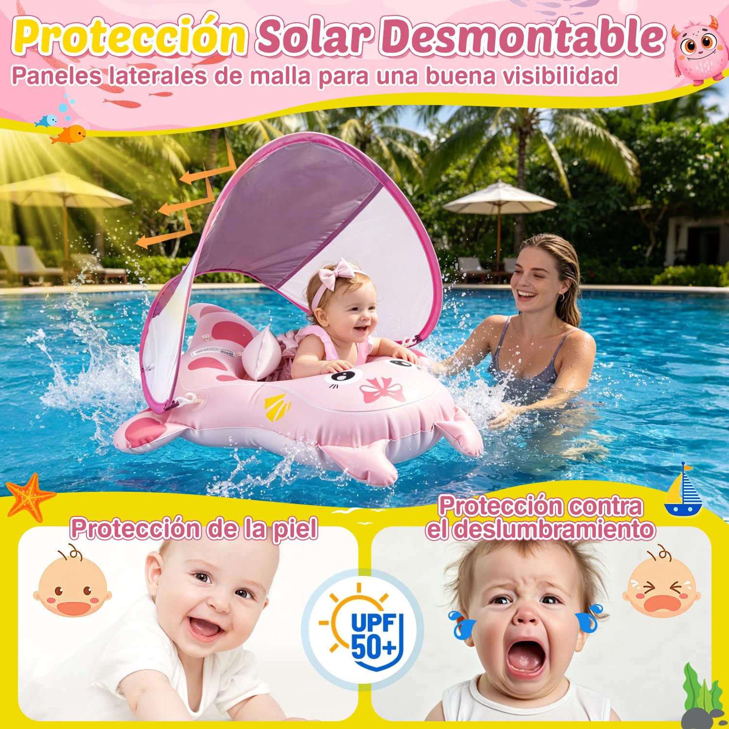 Flotador Bebe con Sombrilla, Protección UV UPF 50+, Anillo de Natación Inflable Bebé con Asiento Seguridad y Bola de Equilibrio Antivuelco, Flotadores de Piscina para Bebes 10-36 Meses