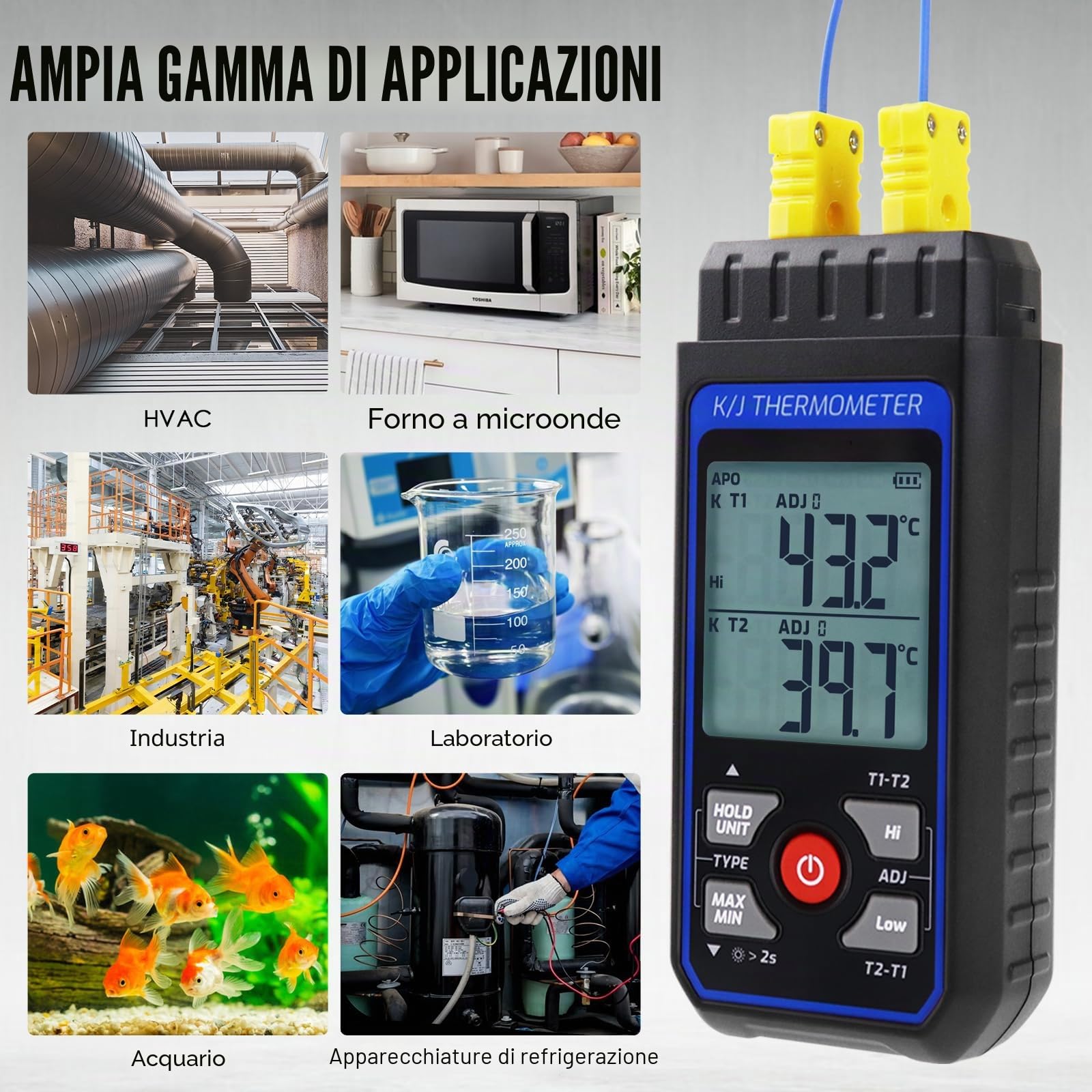 Termometro digitale a termocoppia a doppio canale tipo K/J con sonde termocoppia tipo 2 K e 2 morsetti per temperatura, gamma -328 ~ 2000 ° F misuratore di temperatura HVAC industriale con allarme e