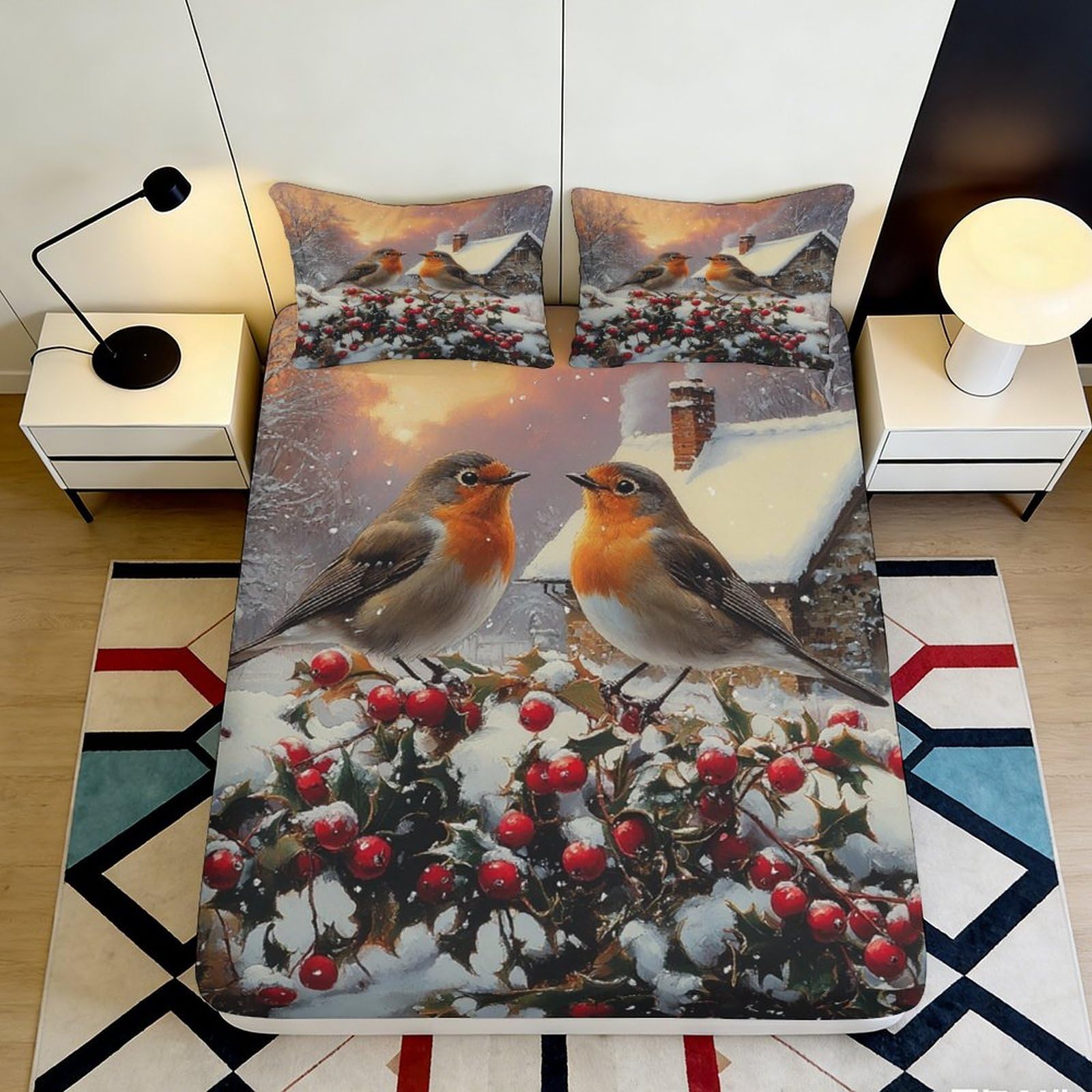 3D Printed Winter Robin Fitted Sheet Microfiber Soft Decorative Snowy Cottage Bed Cover for Bedroom Guest Room 90x200x25cm
