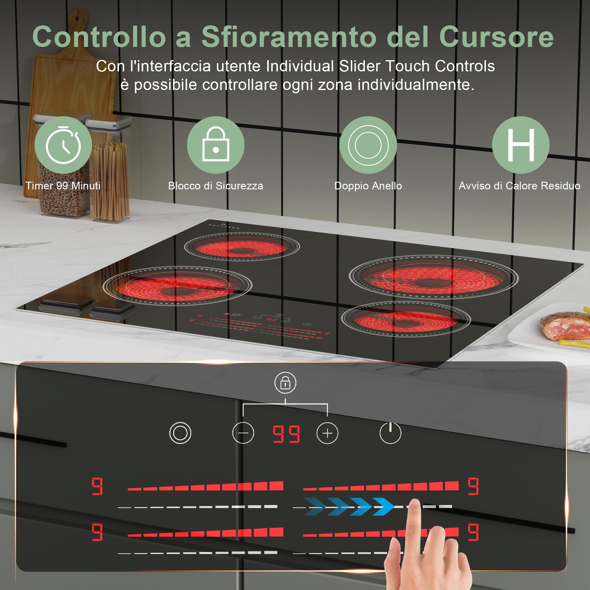DELITEER Piano Cottura Vetroceramica a 4 Piastre, Piano Cottura in Vetroceramica da Incasso 59cm, 6600W, Controllo Touch a Scorrimento, Doppia Zona Flessibile, Piano Cottura a 4 Piastre, senza Spina