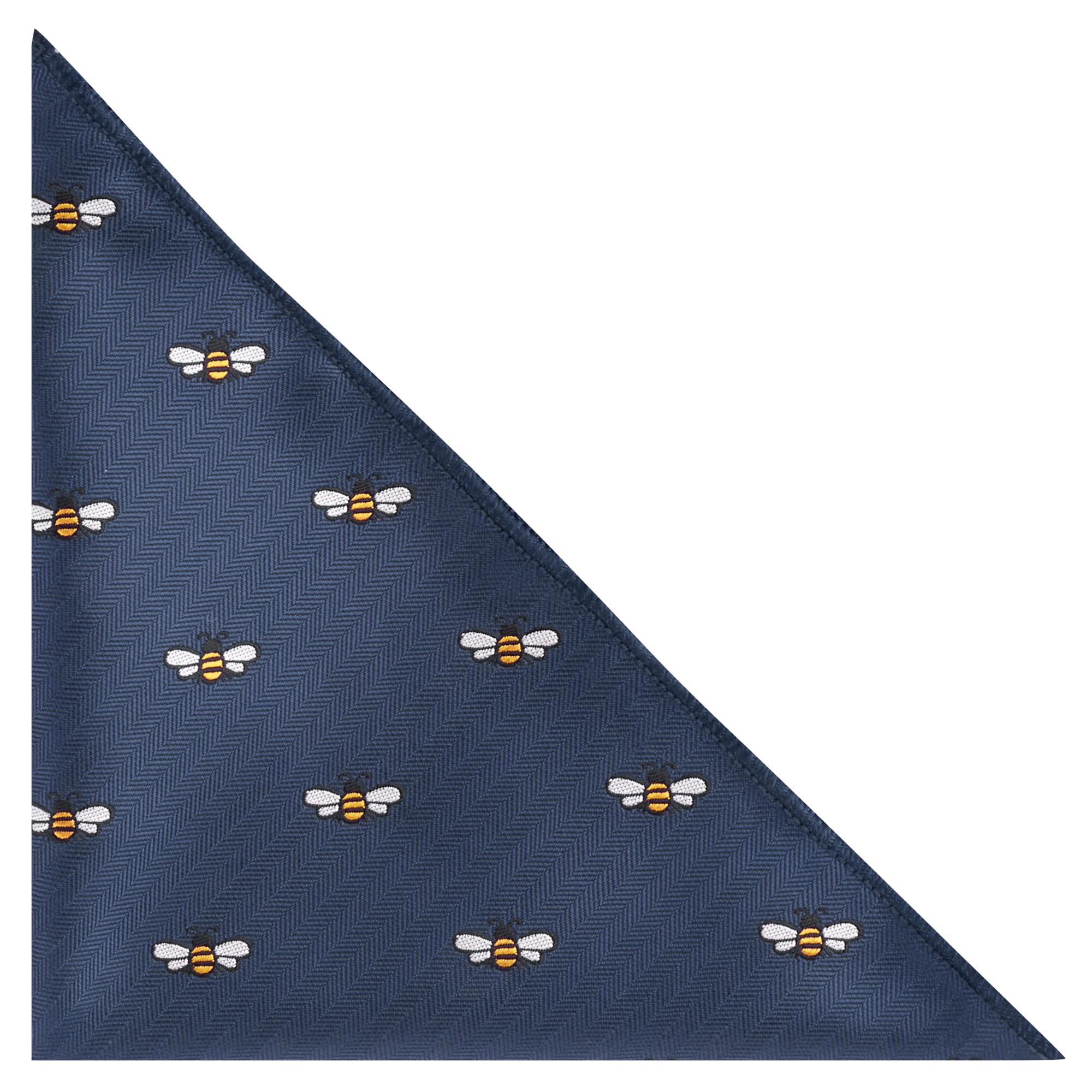 King & Priory Bee Navy Blue Herringbone Embroidered Pocket Square, Handkerchief