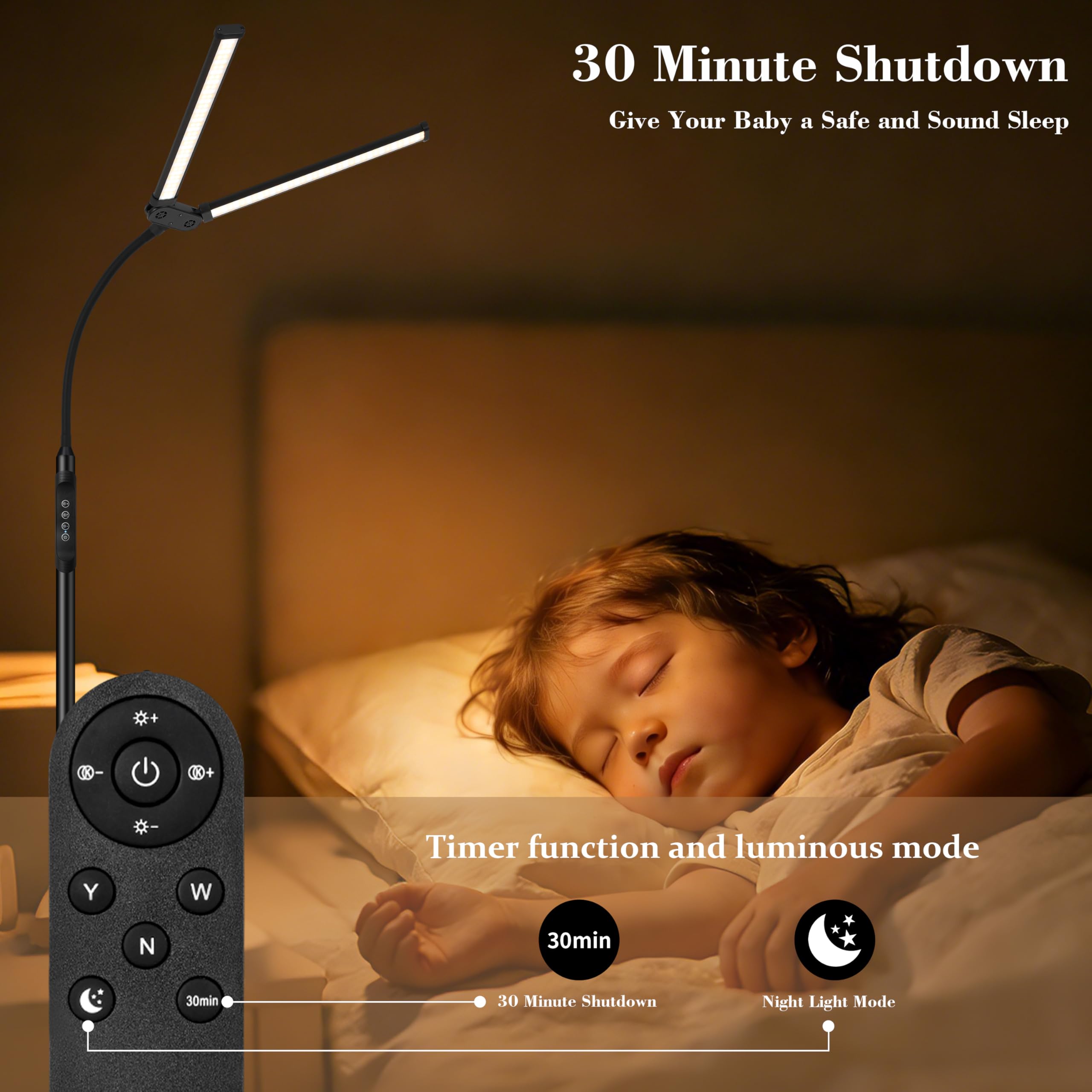 Augenschonende Stehlampe für den Innenbereich, 3000K–6000K und Helligkeit einstellbar, Fernbedienung und Touch-Bedienung, Leselampe mit verstellbarer Höhe, flexibler Schwanenhals für Wohnzimmer und Sc
