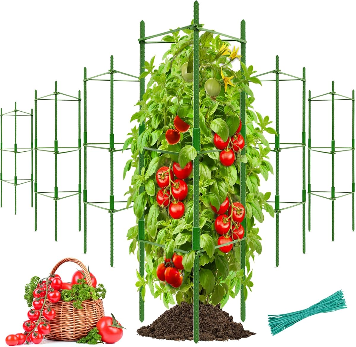 Halatool 6 Pack Tomato Cages for Garden,Up to 48in(4FT) Adjustable Tomato Cage,Garden Stakes Tomato Trellis for Pots,Tomato Plant Support for Raised Garden Bed &Climbing Vegetables Flowers(Green)