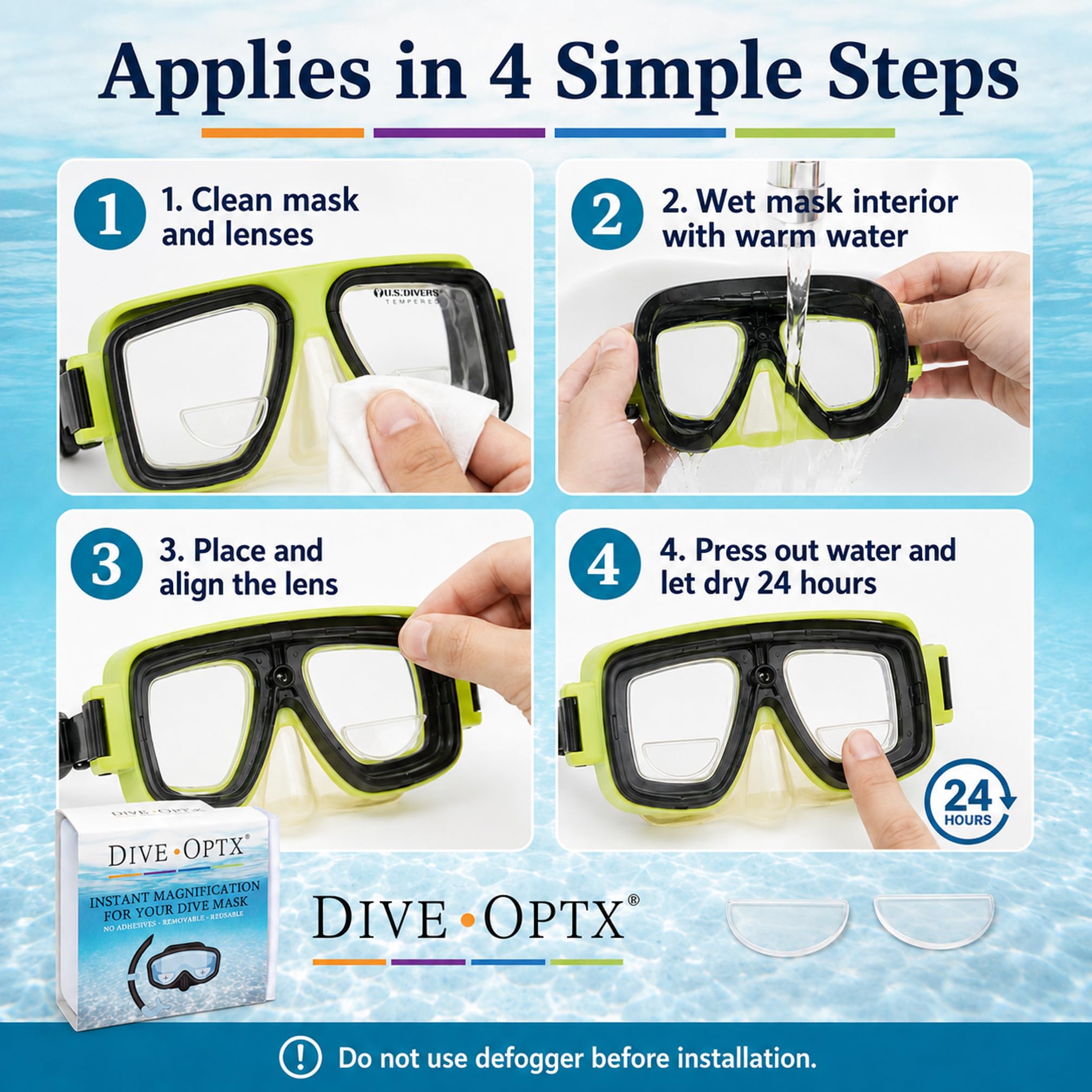 Calabria Hydrotac Dive OPTX 20/20 - Lentes bifocales adhesivas + 2.00, paquete de 2 máscaras de buceo con aumento y calcomanías bifocales