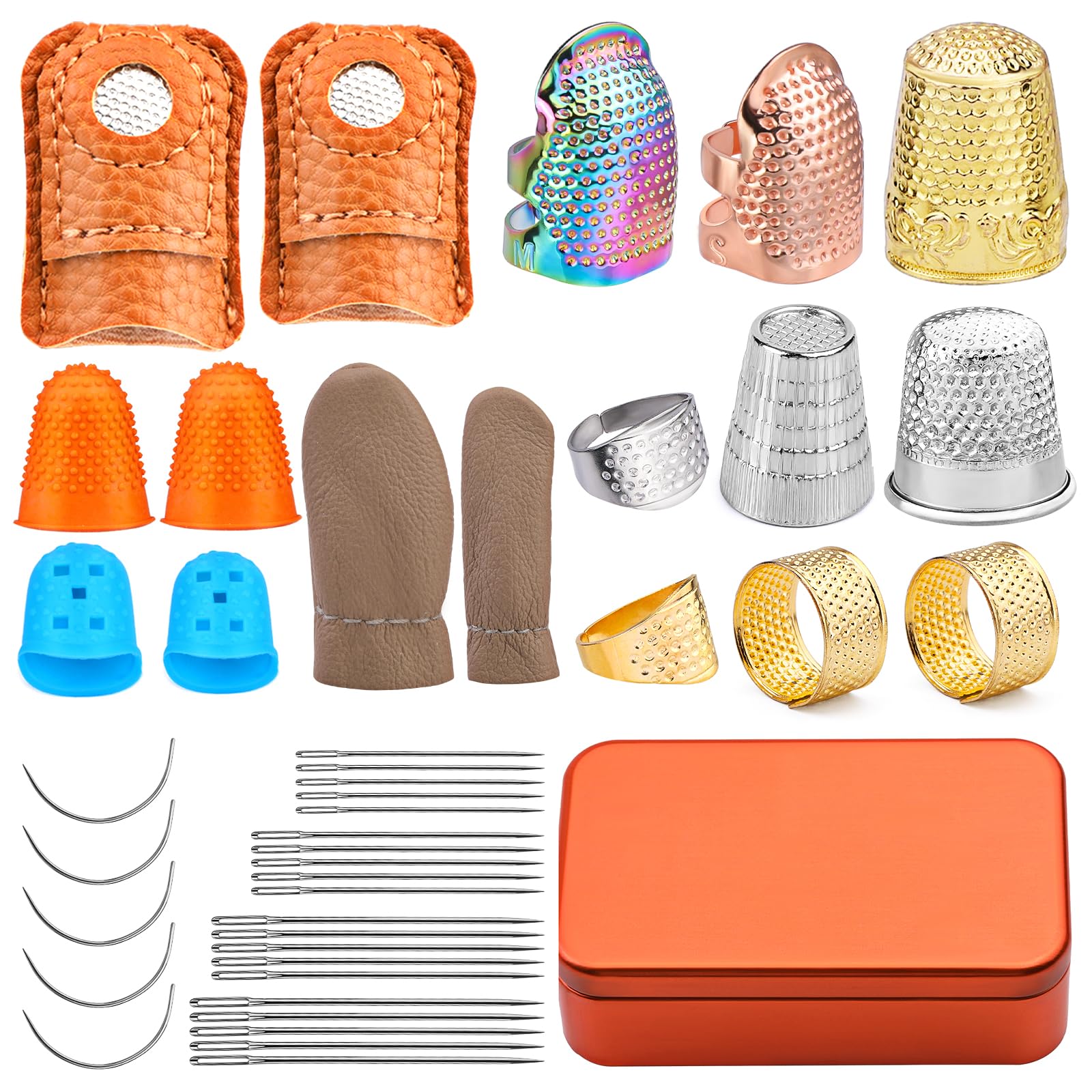 Mnuizu Sewing Thimble Set with Storage Box - Includes Sewing Big Eye Needle, Finger Protector & Adjustable Finger Guard - Quality Metal Copper Thimble - Ideal Sewing Tools for DIY Projects