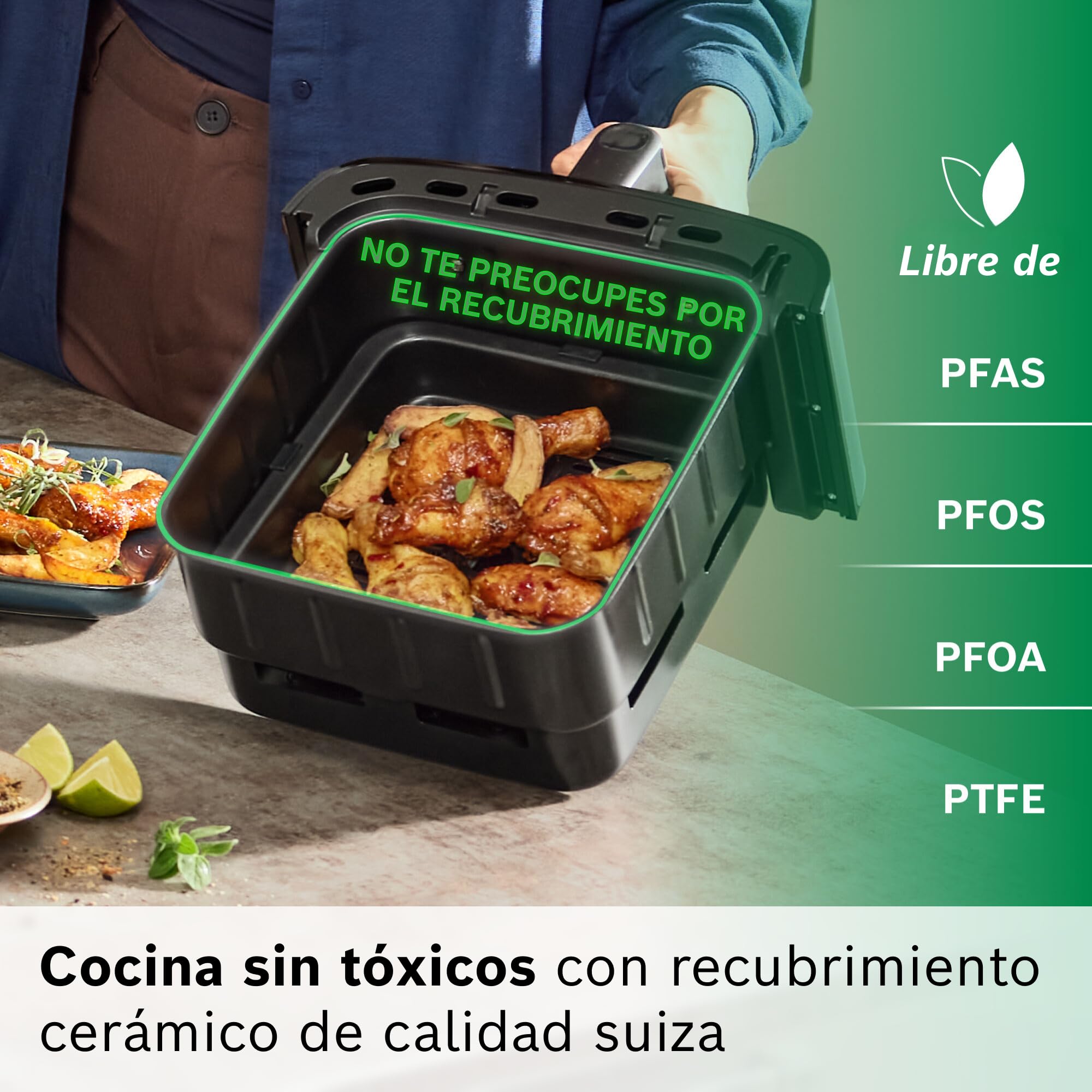 Bosch Freidora de aire Serie 6, XXL doble cesta 12 L, 2 cestas de 6 L con función SYNC, 6 programas, recubrimiento no tóxico, interior de metal, negro, MAFD661B0