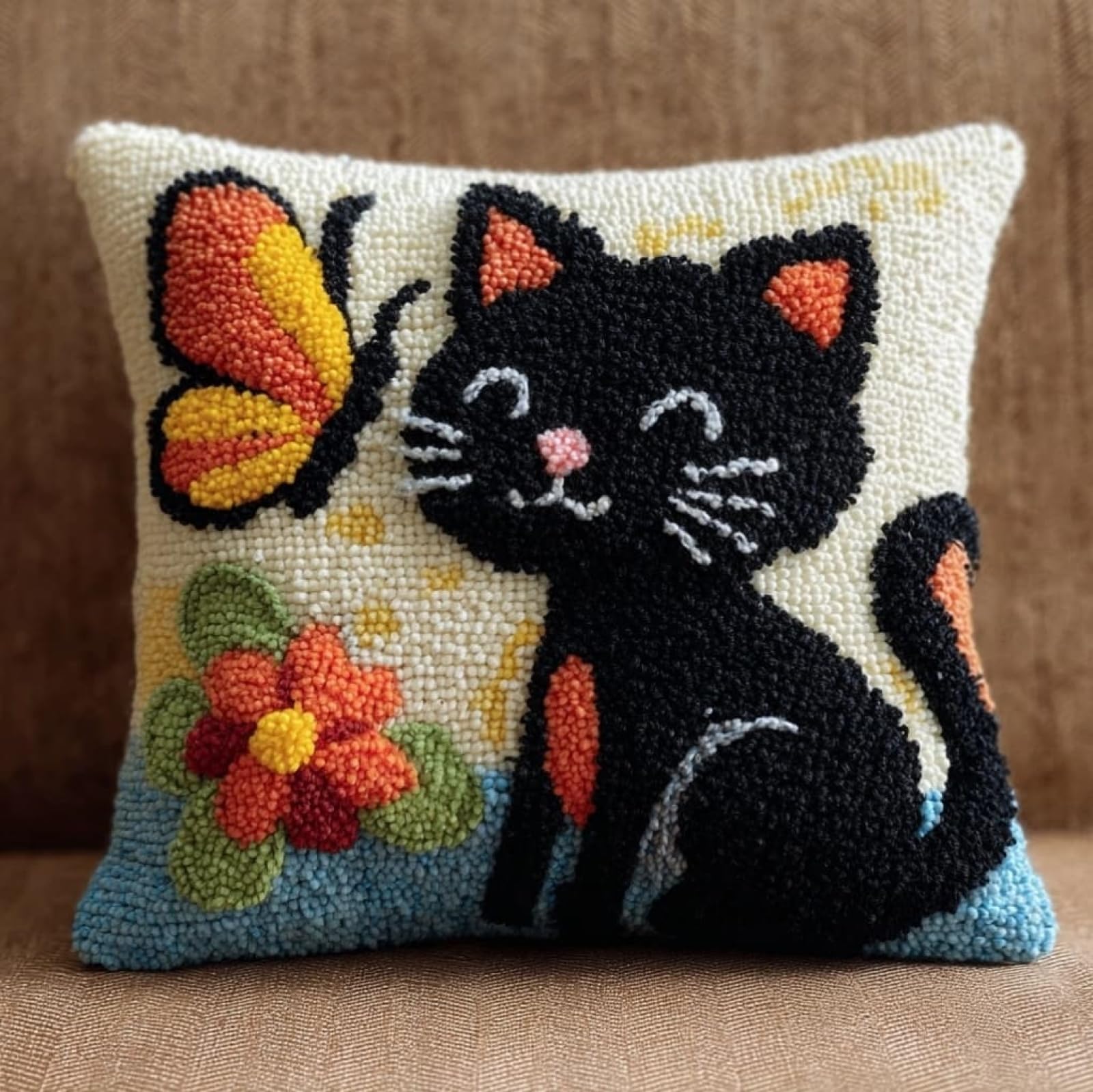 AxiangziK Latch Hook Cushion Kit 43x43cm,Cats and Butterflies Beginner Friendly Needlecraft Set,Easy Latch Hook Kit for Home Decor