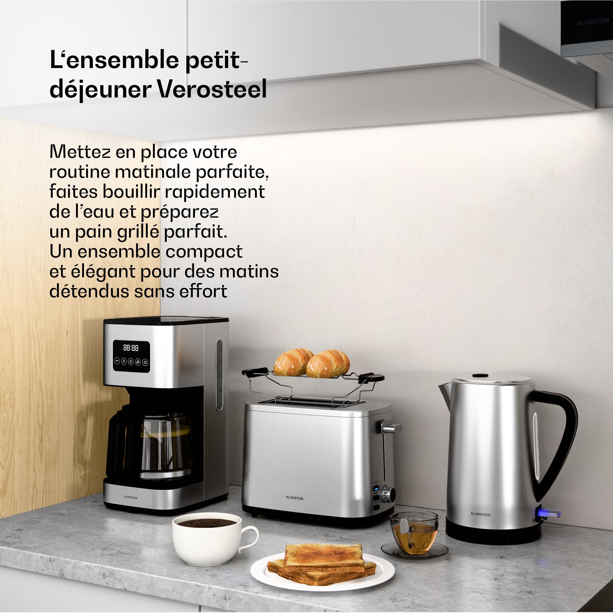 Klarstein Verosteel Set Petit-Déjeuner Complet – Grille-Pain 2 Fentes 7 Niveaux, Bouilloire Électrique Inox 1,7L, Cafetière Filtre 12 Tasses, Design Moderne, Support à Petits Pains