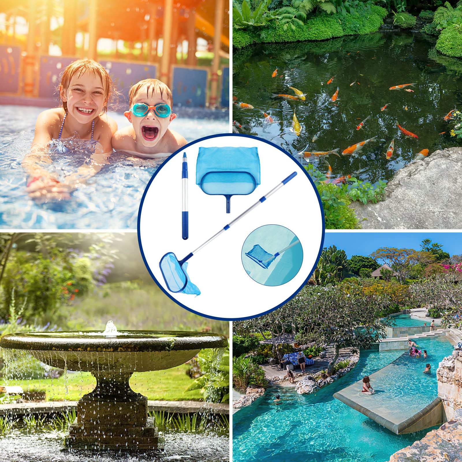 Filet de Nettoyage Piscine, Manche Piscine, Epuisette Piscine, Épuisette de Fond pour Piscine, avec Manche Télescopique, Épuisette Spa, pour Nettoyer Déchets en Fond et Surface Eau