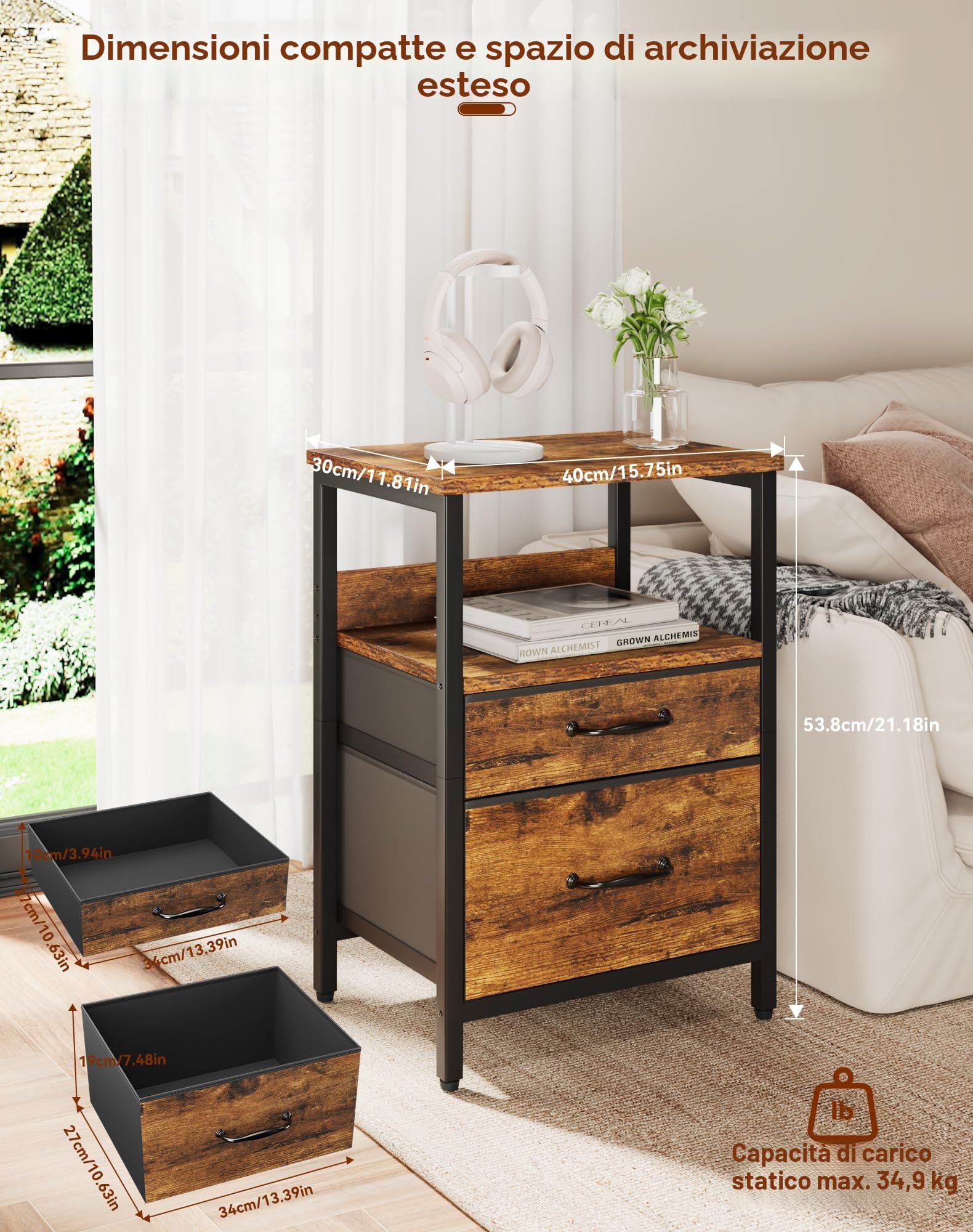 YMYNY Comodino, Tavolino con 2 Cassetti in tessuto, 2 Scaffale aperte, Tavolino Salotto, Tavolino da Divano, Tavolino da Notte per Camera da Letto, Soggiorno, Marrone con venatura di legno HST011H