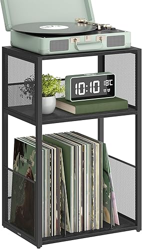 VASAGLE Soporte para tocadiscos, mesa auxiliar de 3 niveles, almacenamiento de discos de vinilo hasta 100 álbumes, mesa auxiliar para sala de estar,
