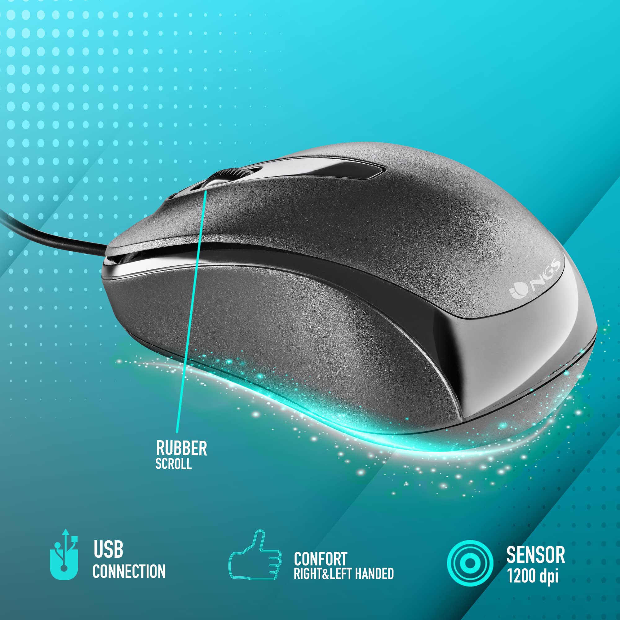 NGS Easy Delta – Optical Mouse with Cable 1200 dpi and USB Connection, Scroll + 2 Buttons