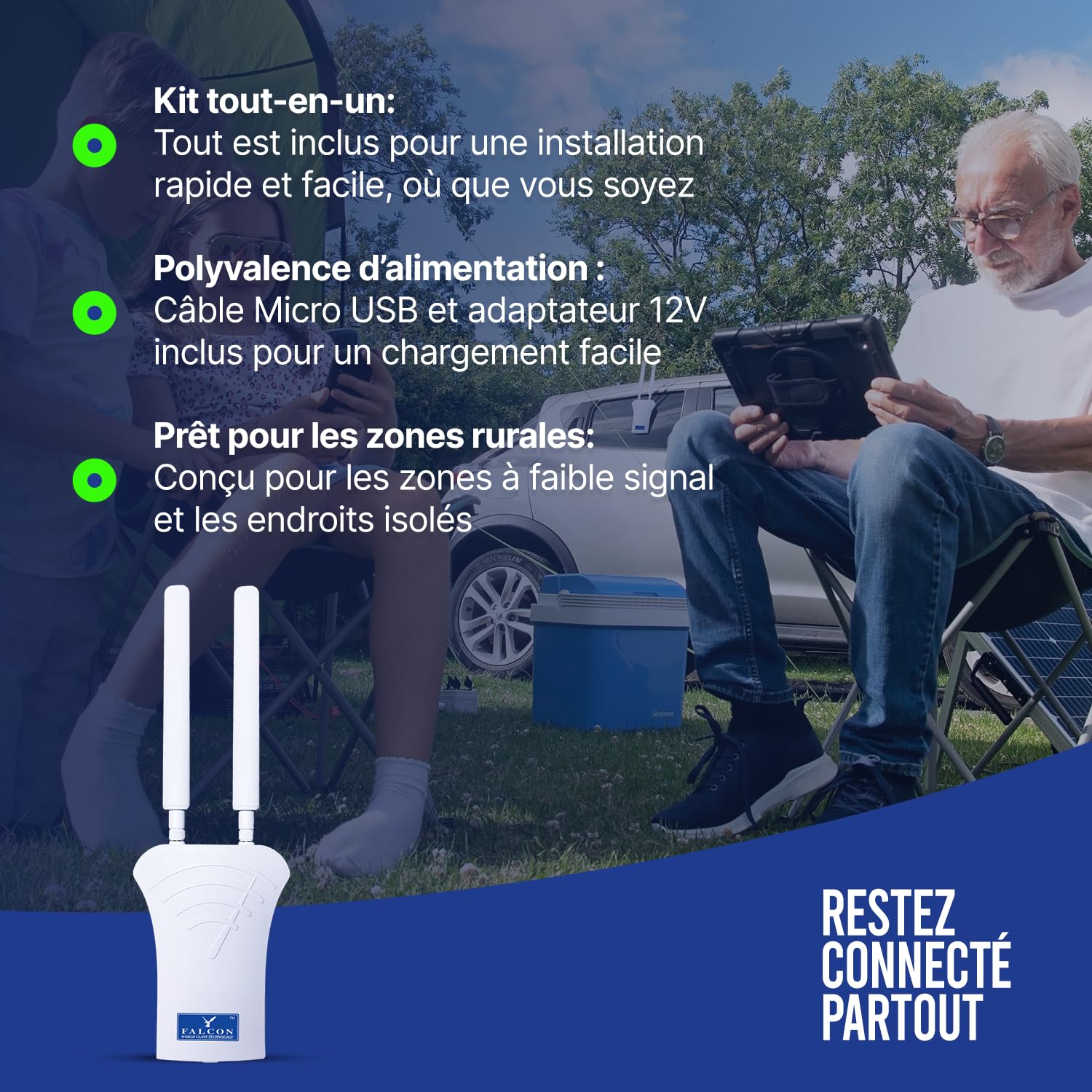 Falcon LTE 4G Combo antenne extérieure, y Compris routeur WiFi 150Mbit intégré et Pack d'accessoires pour Caravane I Camping-Car I Bus I Bateau I Van I Voiture I Camion