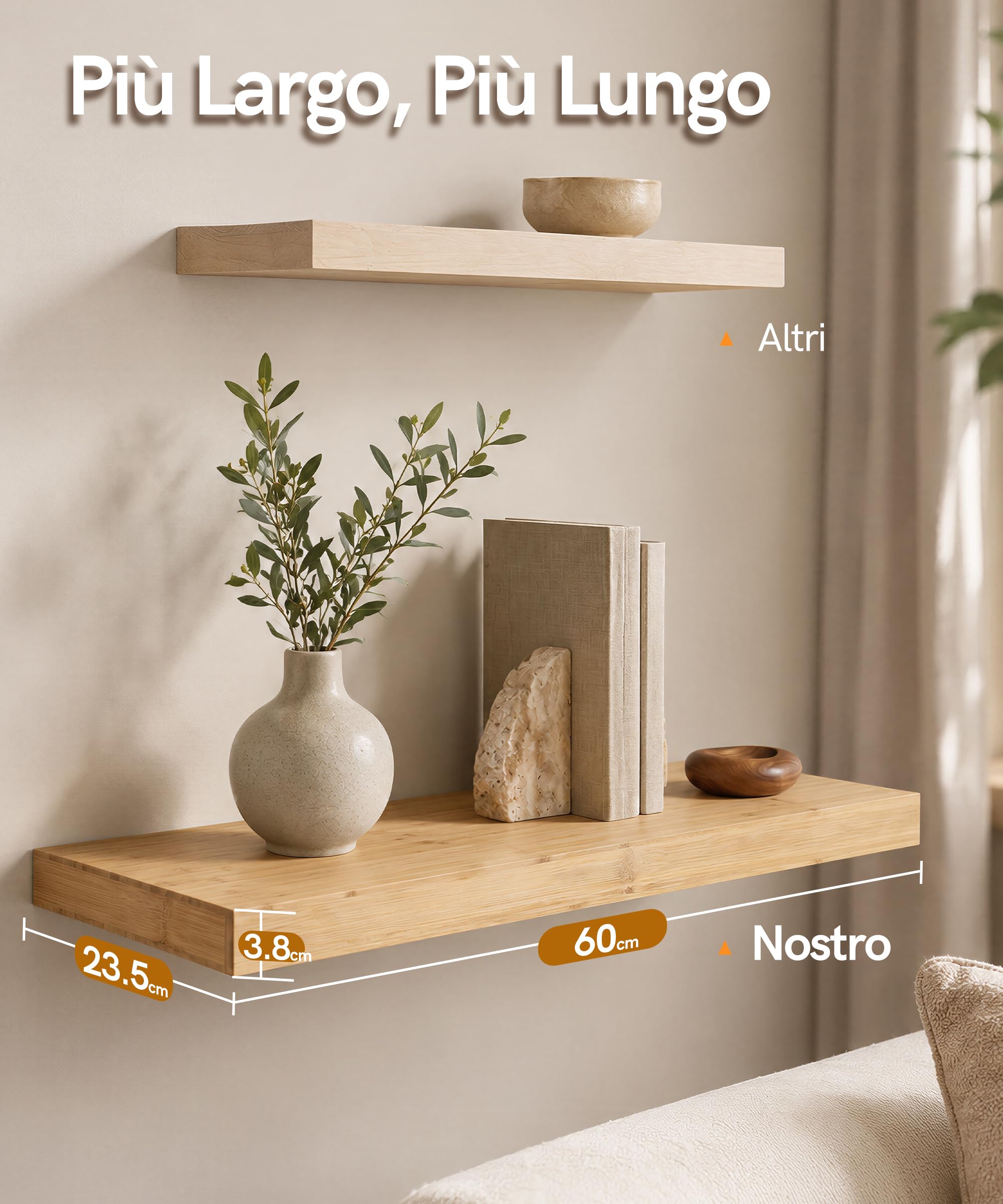 Afuly Mensole da Muro in Bambù per Soggiorno in Legno, 60 x 20 cm Set di 2 | Supporti nascosti, per libri, piante, foto e decorazioni, soggiorno, camera da letto, cucina e bagno, per uso quotidiano